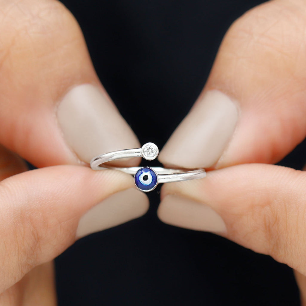 Bezel Set Moissanite and Enameled Evil Eye Ring