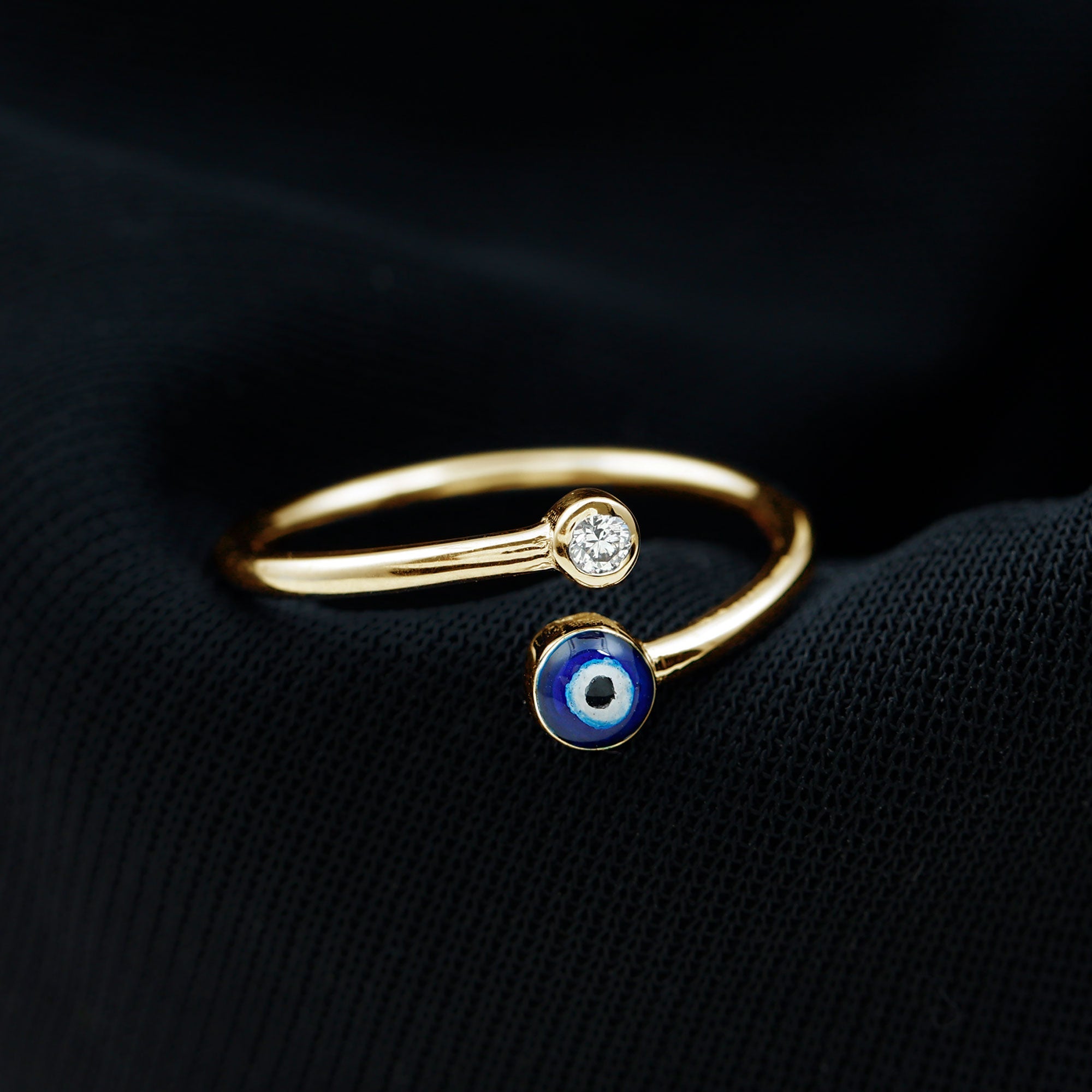 Bezel Set Moissanite and Enameled Evil Eye Ring