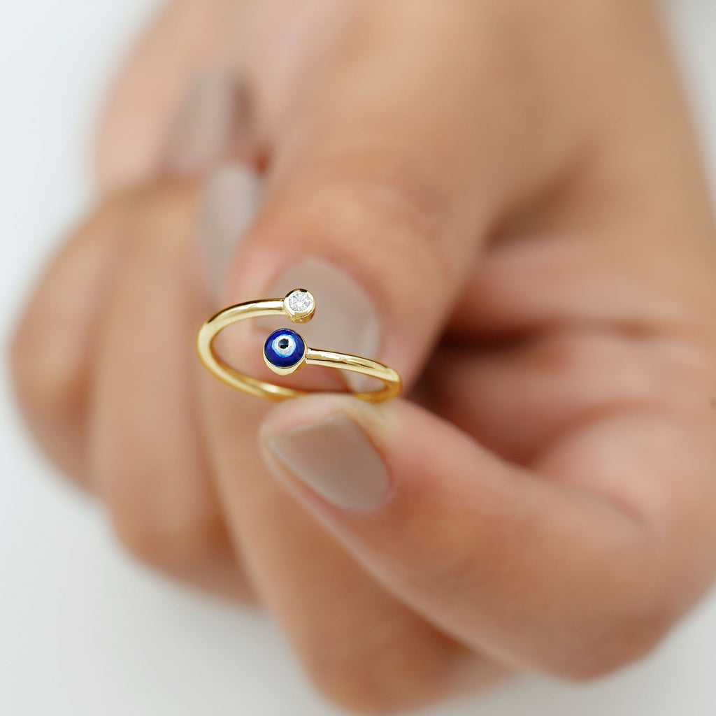 Bezel Set Moissanite and Enameled Evil Eye Ring