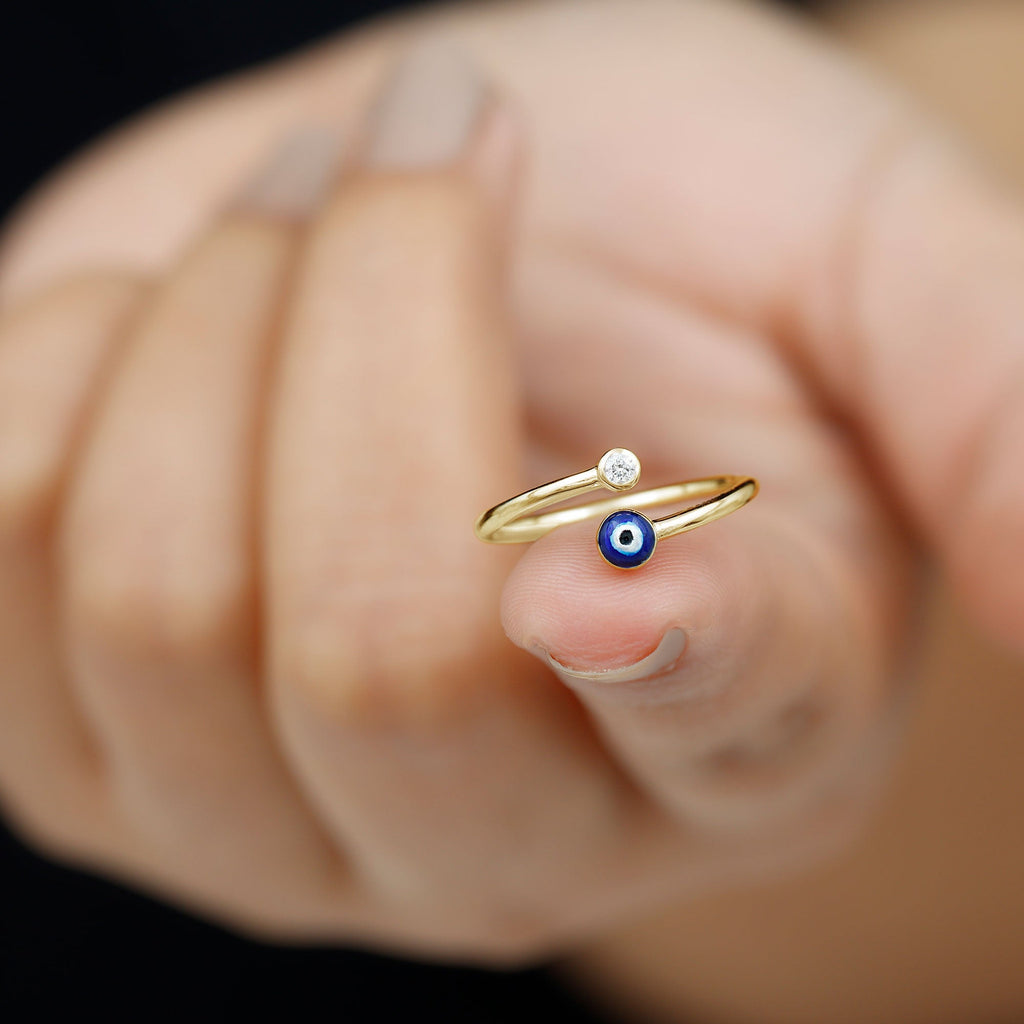 Bezel Set Moissanite and Enameled Evil Eye Ring