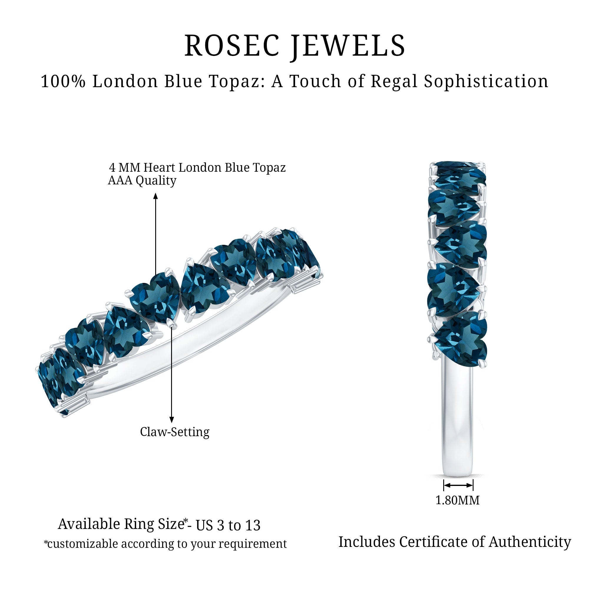 Brilliant Cut Heart London Blue Topaz Half Eternity Band