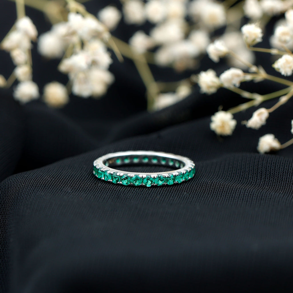 French Pave Set Lab Emerald Stackable Eternity Ring