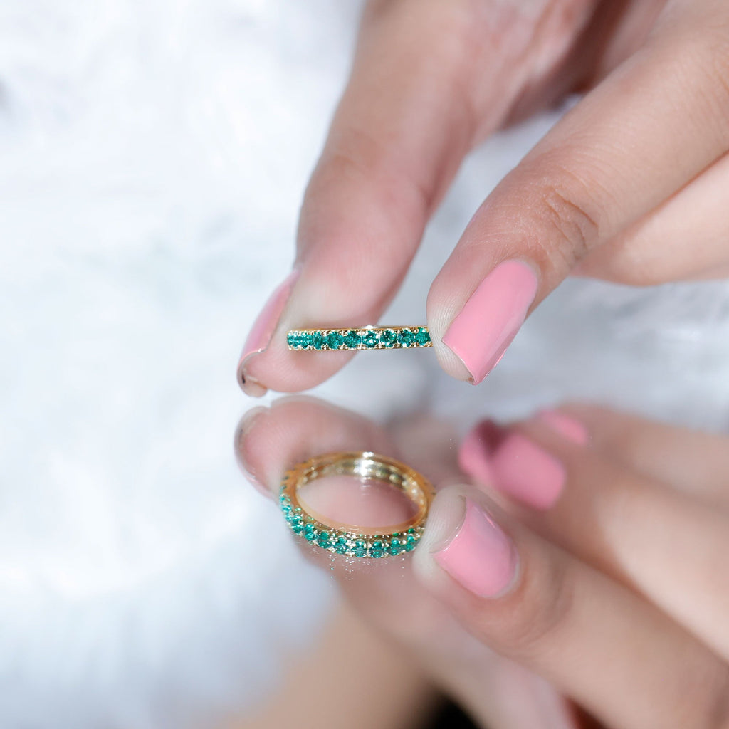 French Pave Set Lab Emerald Stackable Eternity Ring