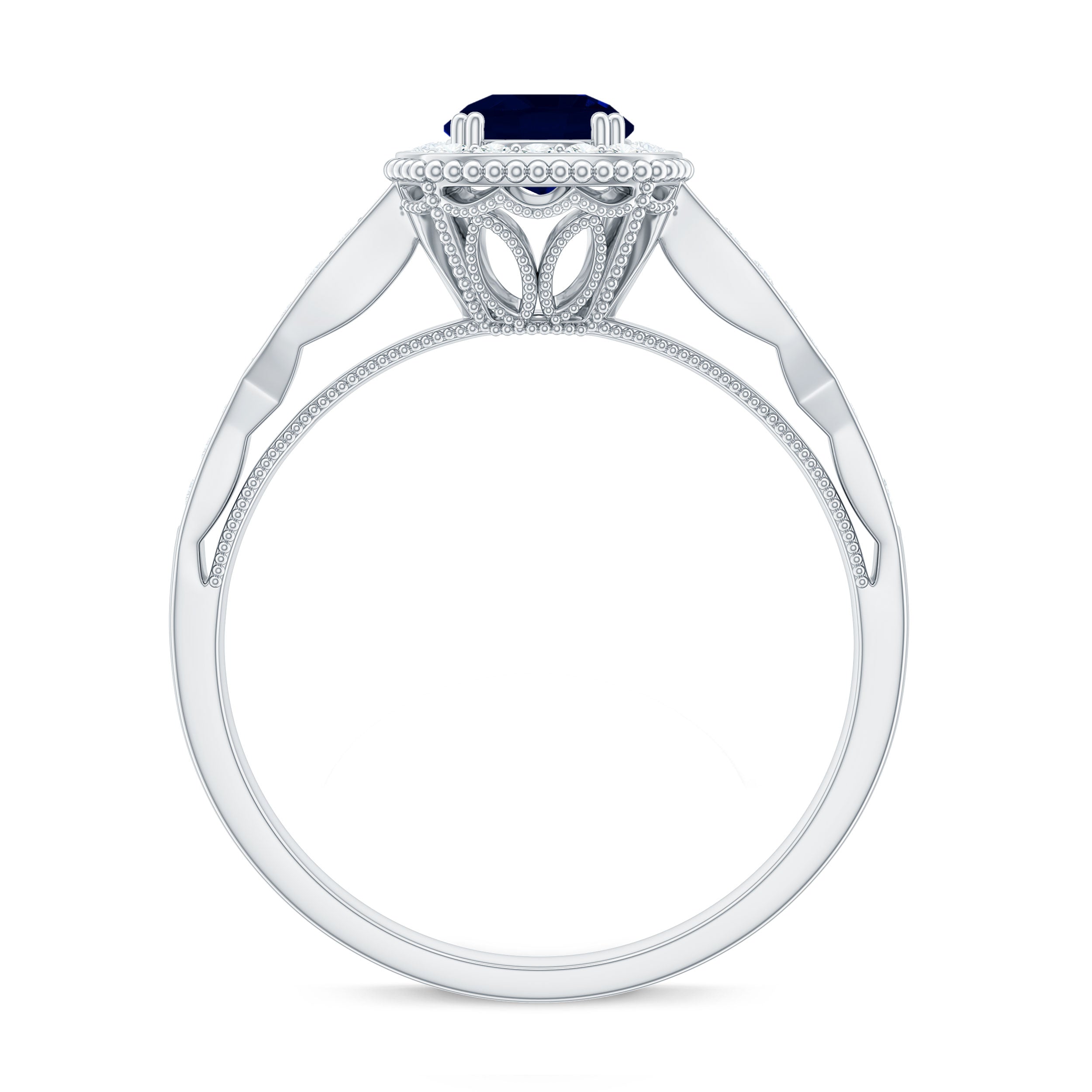 1.25 CT Round Blue Sapphire Antique Engagement Ring with Diamond Halo