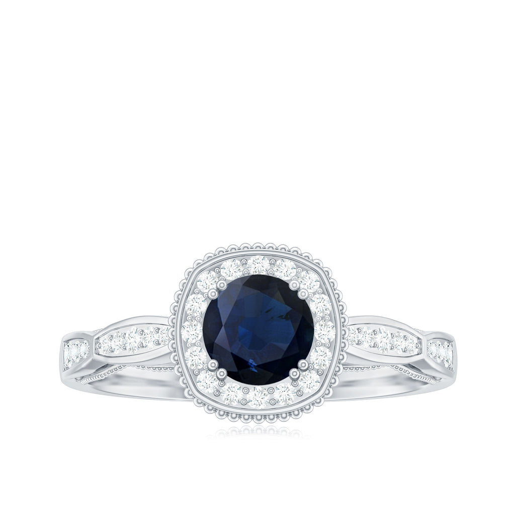 1.25 CT Round Blue Sapphire Antique Engagement Ring with Diamond Halo