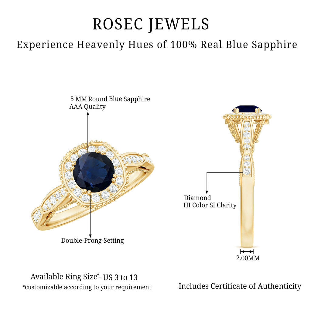 1.25 CT Round Blue Sapphire Antique Engagement Ring with Diamond Halo