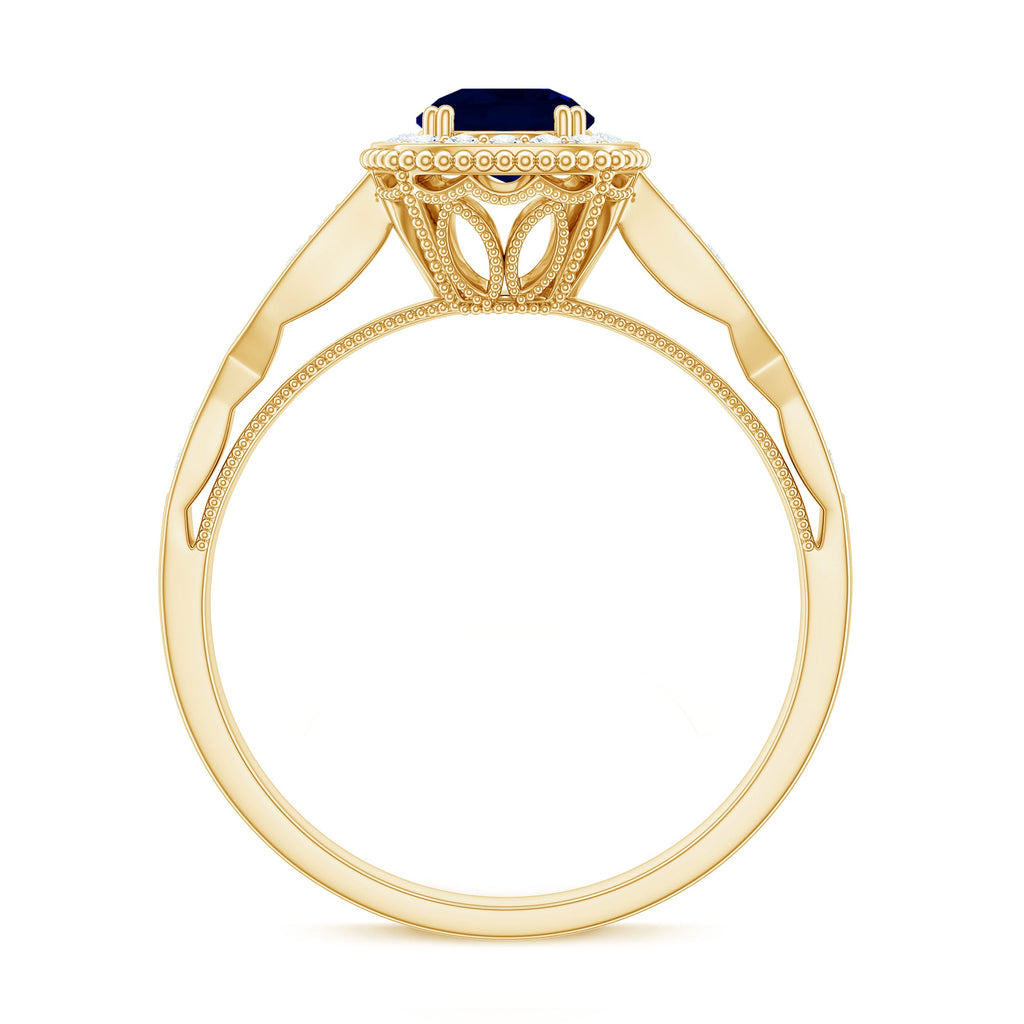 1.25 CT Round Blue Sapphire Antique Engagement Ring with Diamond Halo