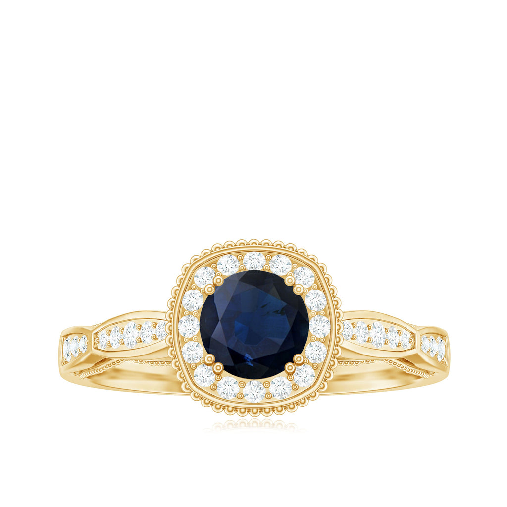 1.25 CT Round Blue Sapphire Antique Engagement Ring with Diamond Halo
