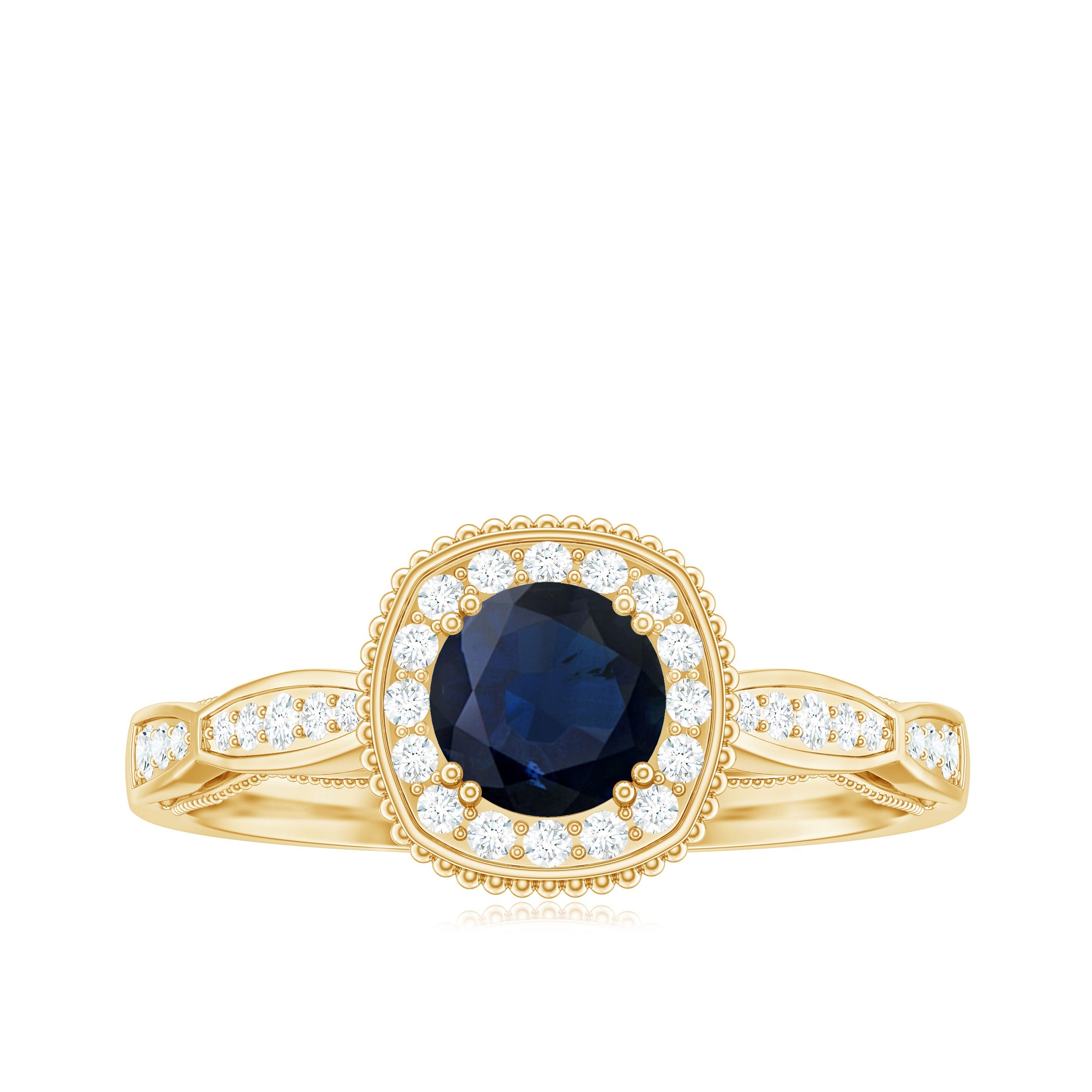 1.25 CT Round Blue Sapphire Antique Engagement Ring with Diamond Halo
