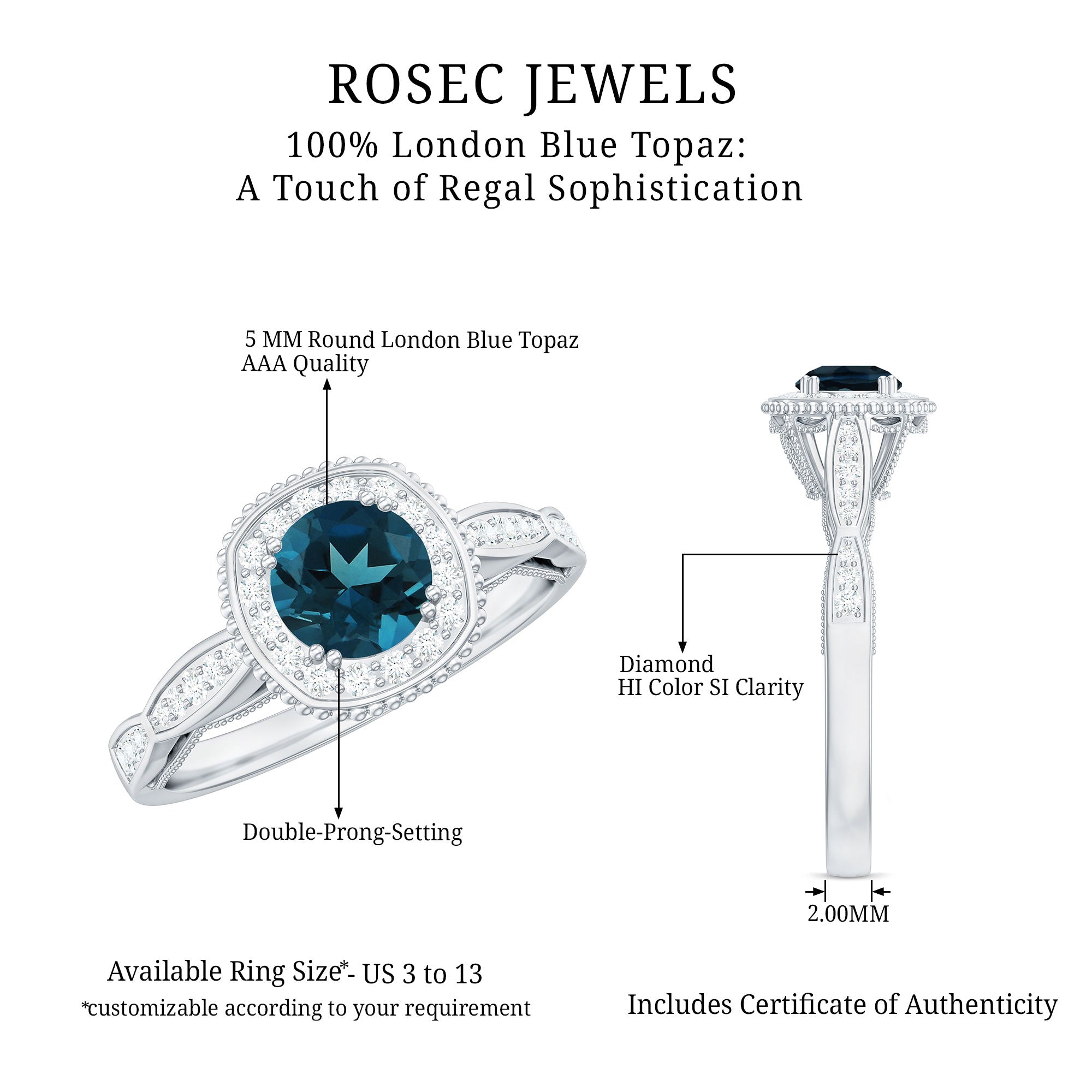 5mm London Blue topaz Vintage Inspired Ring with Diamond Halo