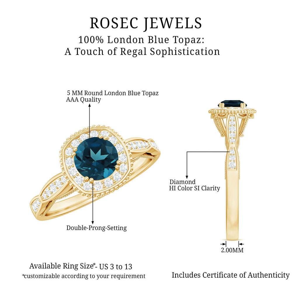 5mm London Blue topaz Vintage Inspired Ring with Diamond Halo