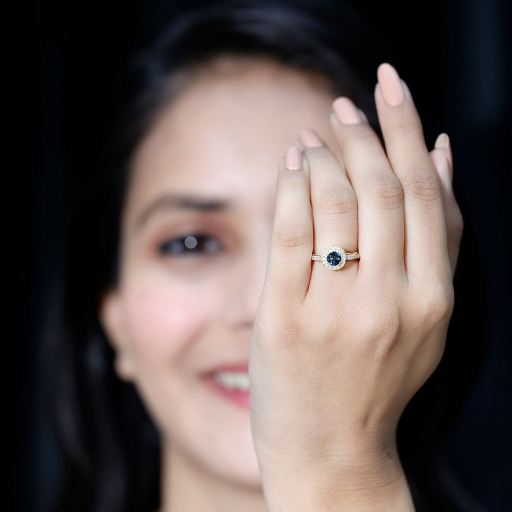 5mm London Blue topaz Vintage Inspired Ring with Diamond Halo