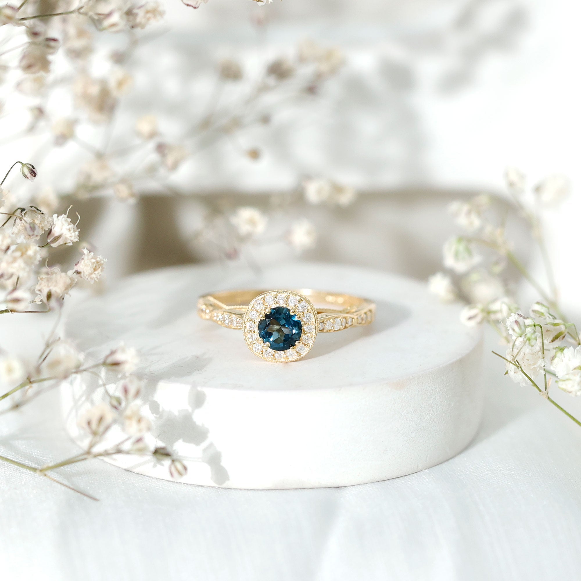 5mm London Blue topaz Vintage Inspired Ring with Diamond Halo