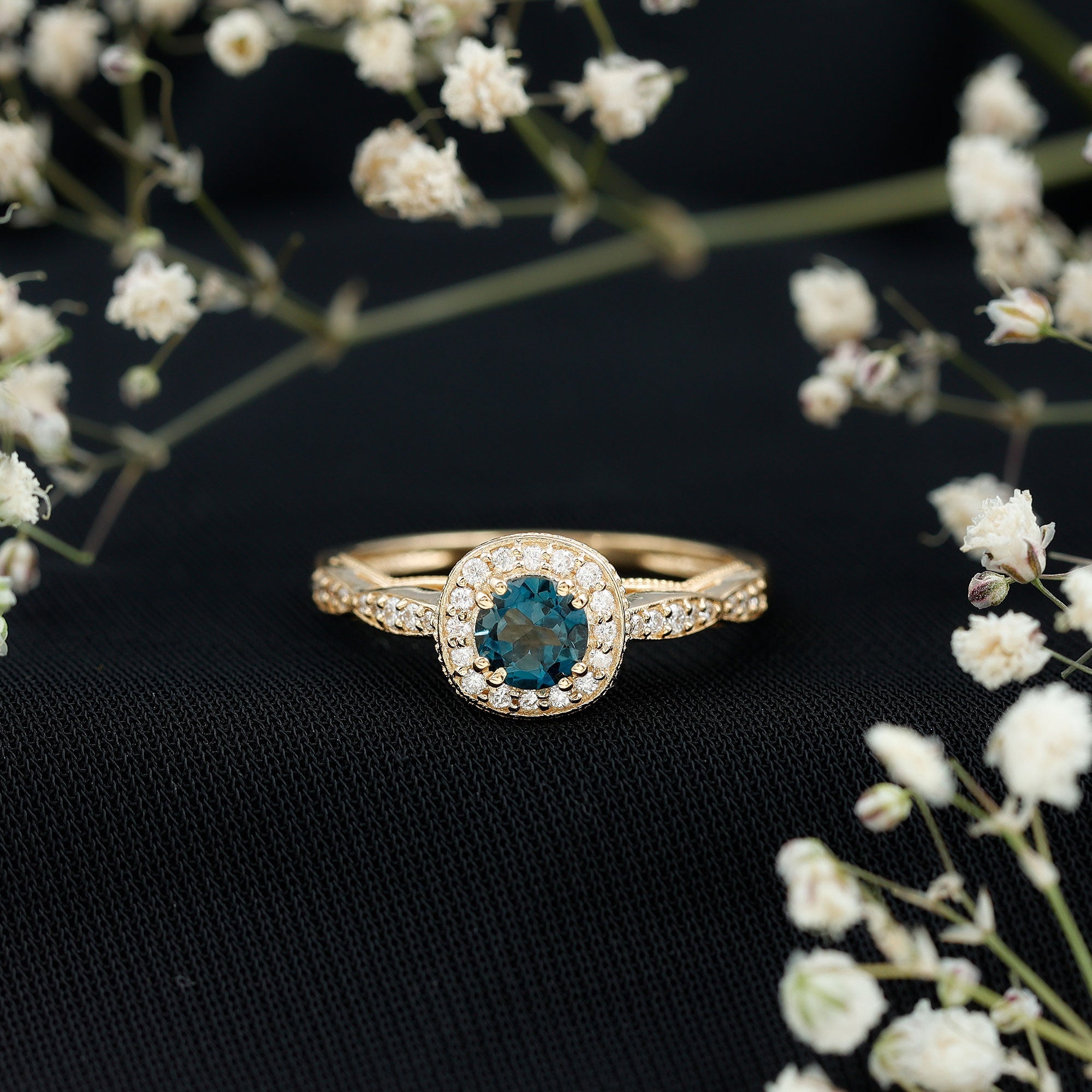 5mm London Blue topaz Vintage Inspired Ring with Diamond Halo