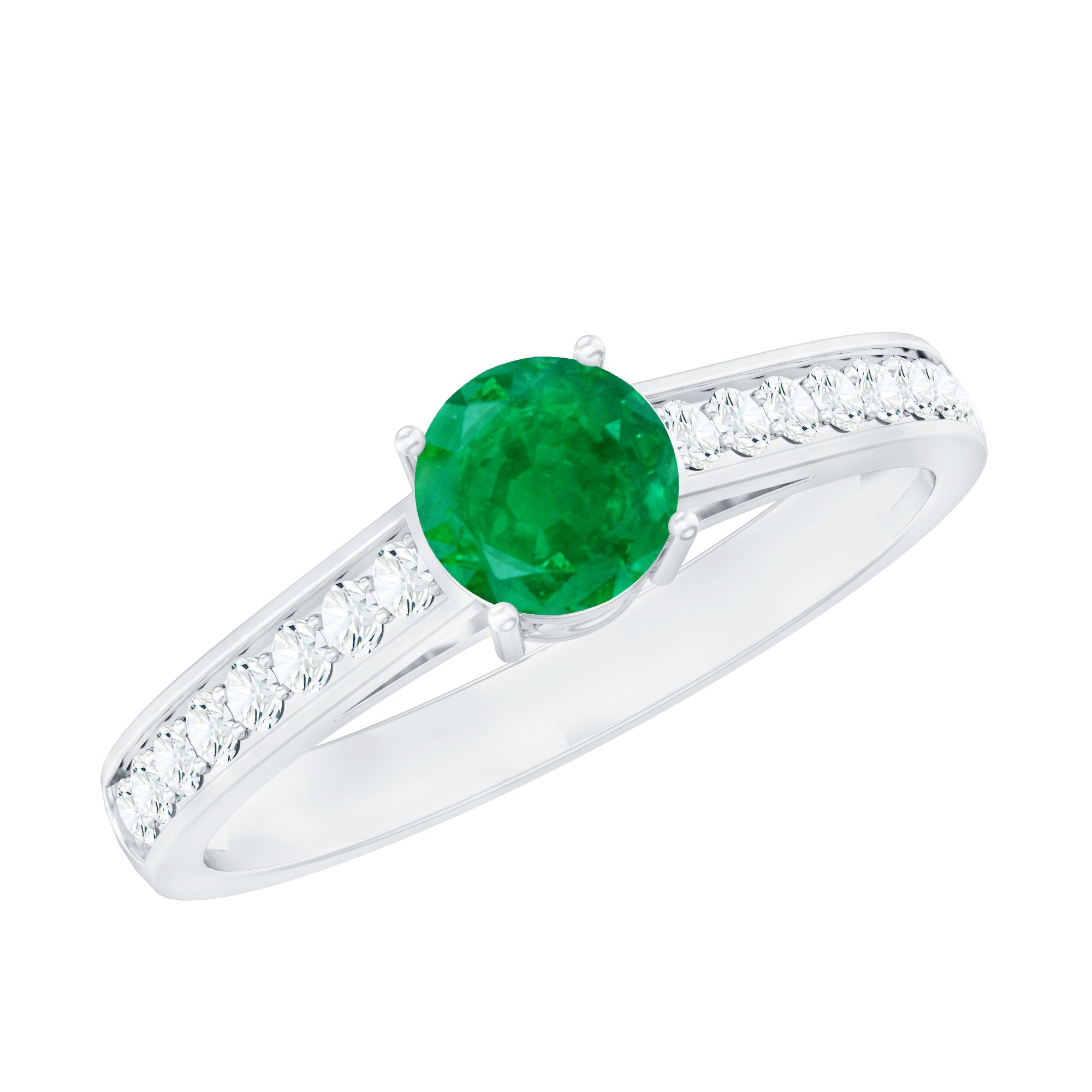 Genuine 5mm Emerald Solitaire Engagement Ring with Diamond Side Stones