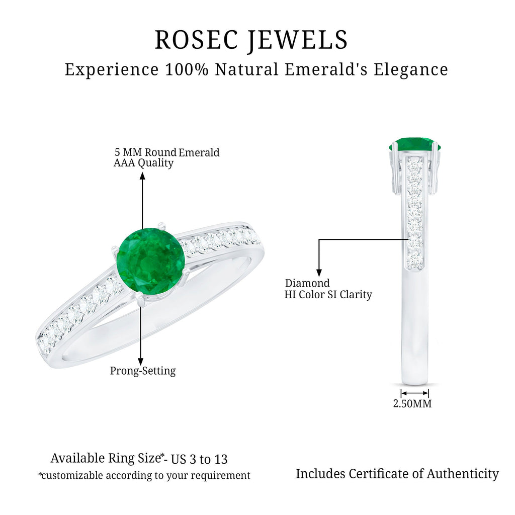 Genuine 5mm Emerald Solitaire Engagement Ring with Diamond Side Stones