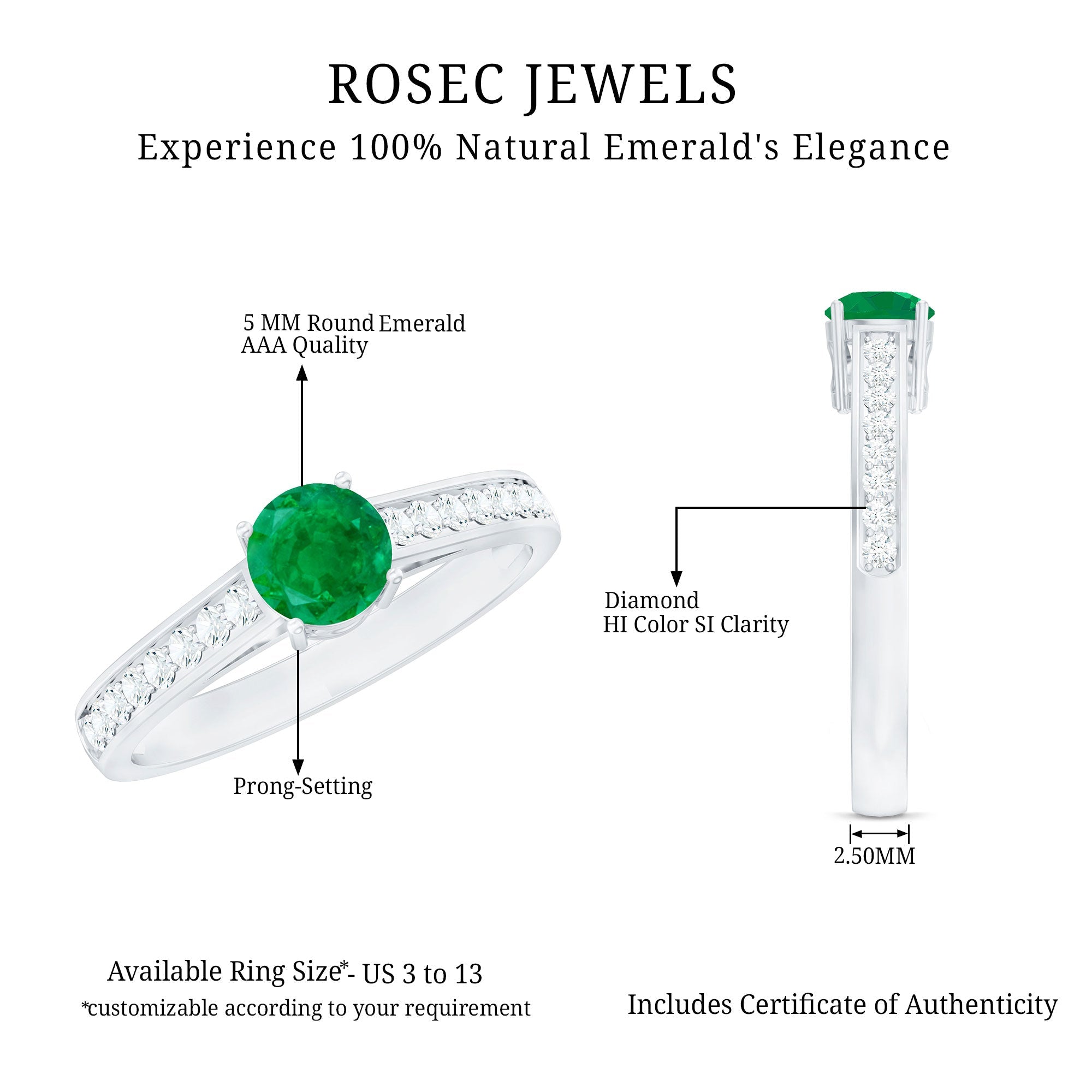 Genuine 5mm Emerald Solitaire Engagement Ring with Diamond Side Stones