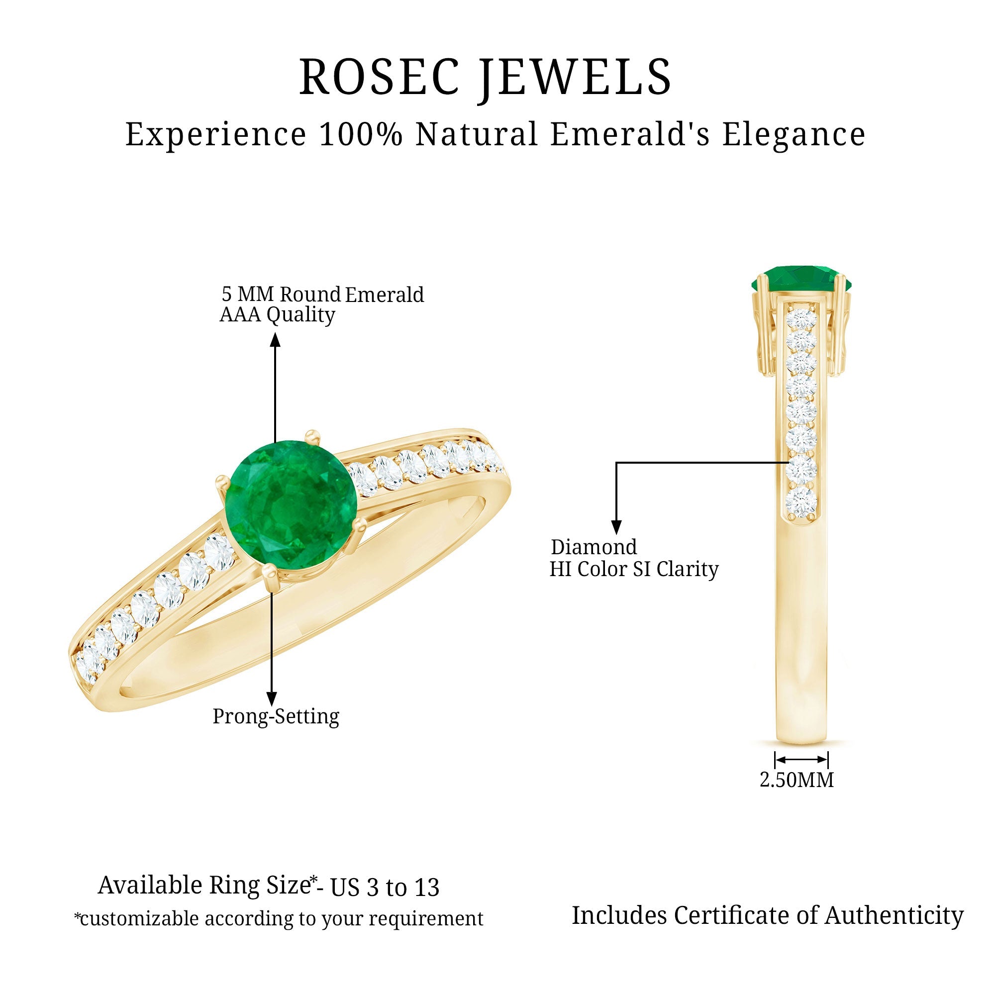 Genuine 5mm Emerald Solitaire Engagement Ring with Diamond Side Stones