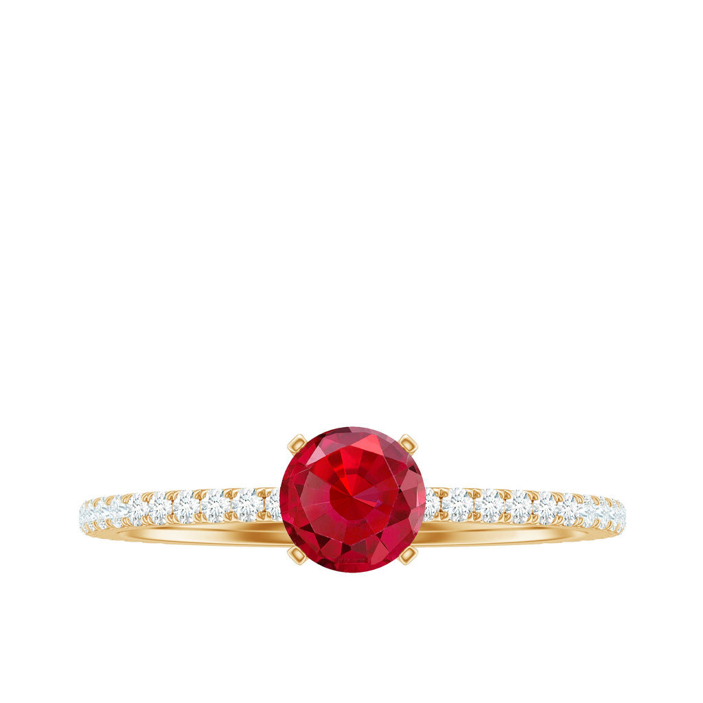 Round Cut Lab Grown Ruby Engagement Ring with Diamond