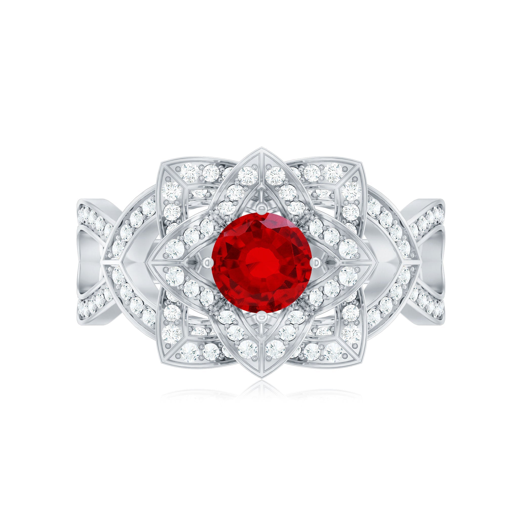 1.25 CT Created Ruby and Moissanite Flower Engagement Ring