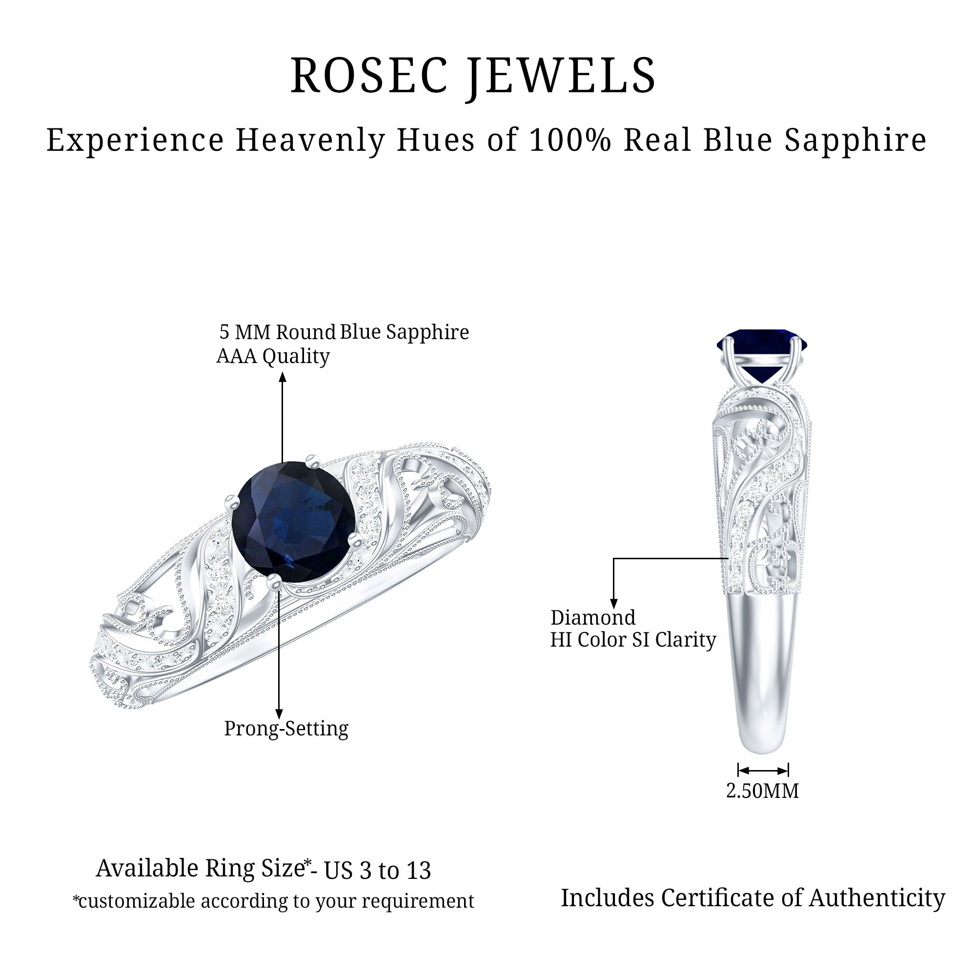 1.25 CT Vintage Style Blue Sapphire Engagement Ring with Diamond