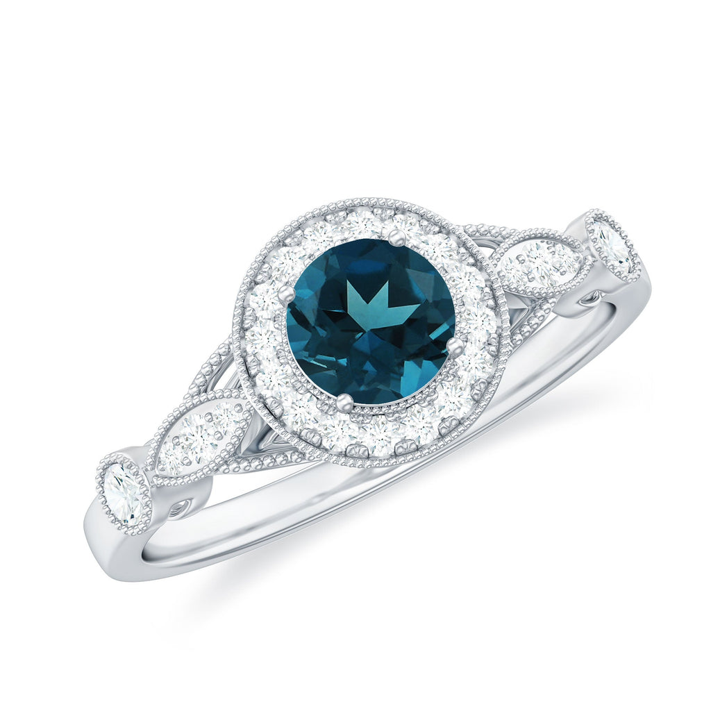 5mm London Blue Topaz Antique Engagement Ring with Diamond Halo