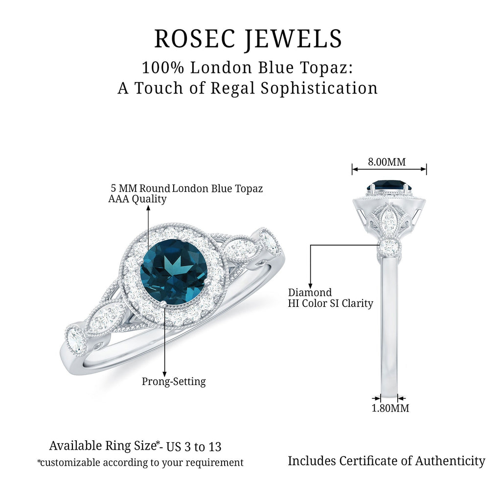 5mm London Blue Topaz Antique Engagement Ring with Diamond Halo