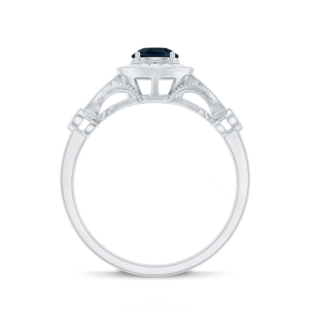 5mm London Blue Topaz Antique Engagement Ring with Diamond Halo
