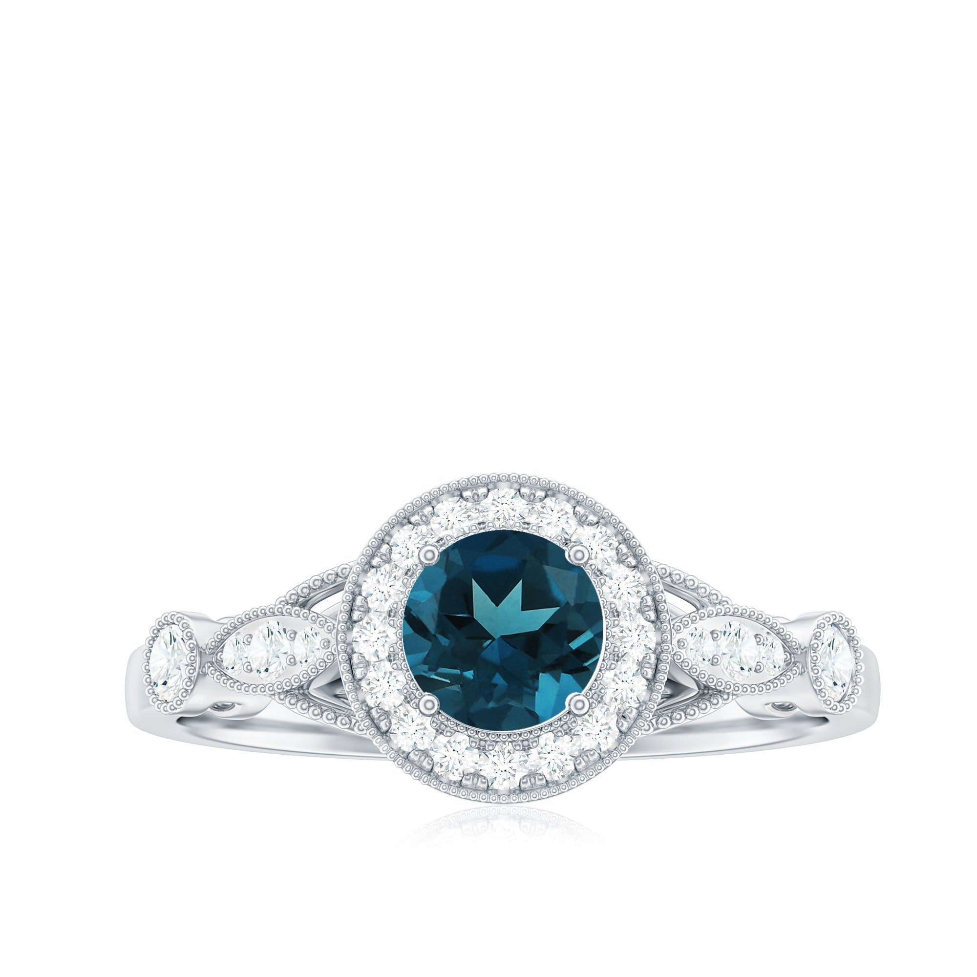 5mm London Blue Topaz Antique Engagement Ring with Diamond Halo