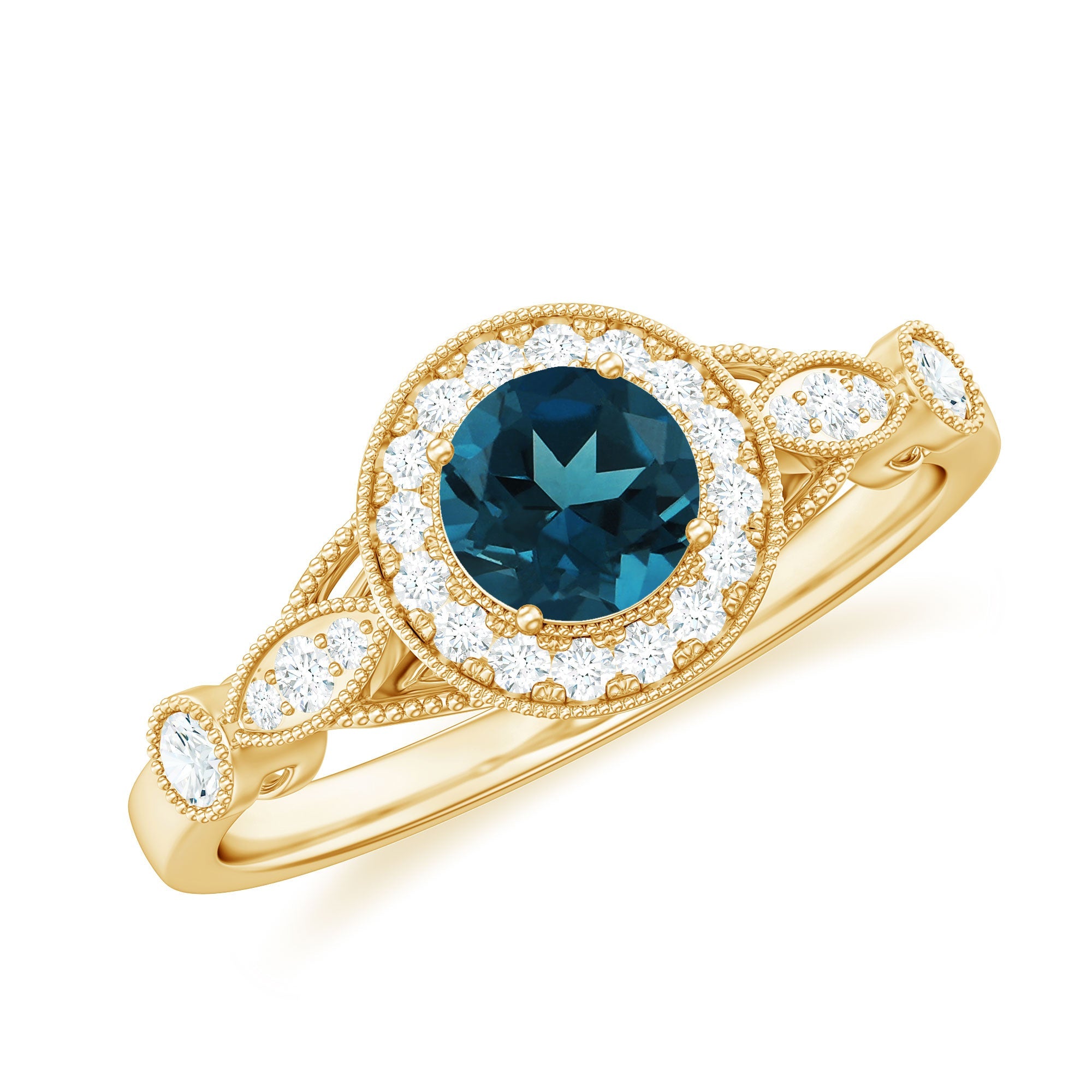 5mm London Blue Topaz Antique Engagement Ring with Diamond Halo