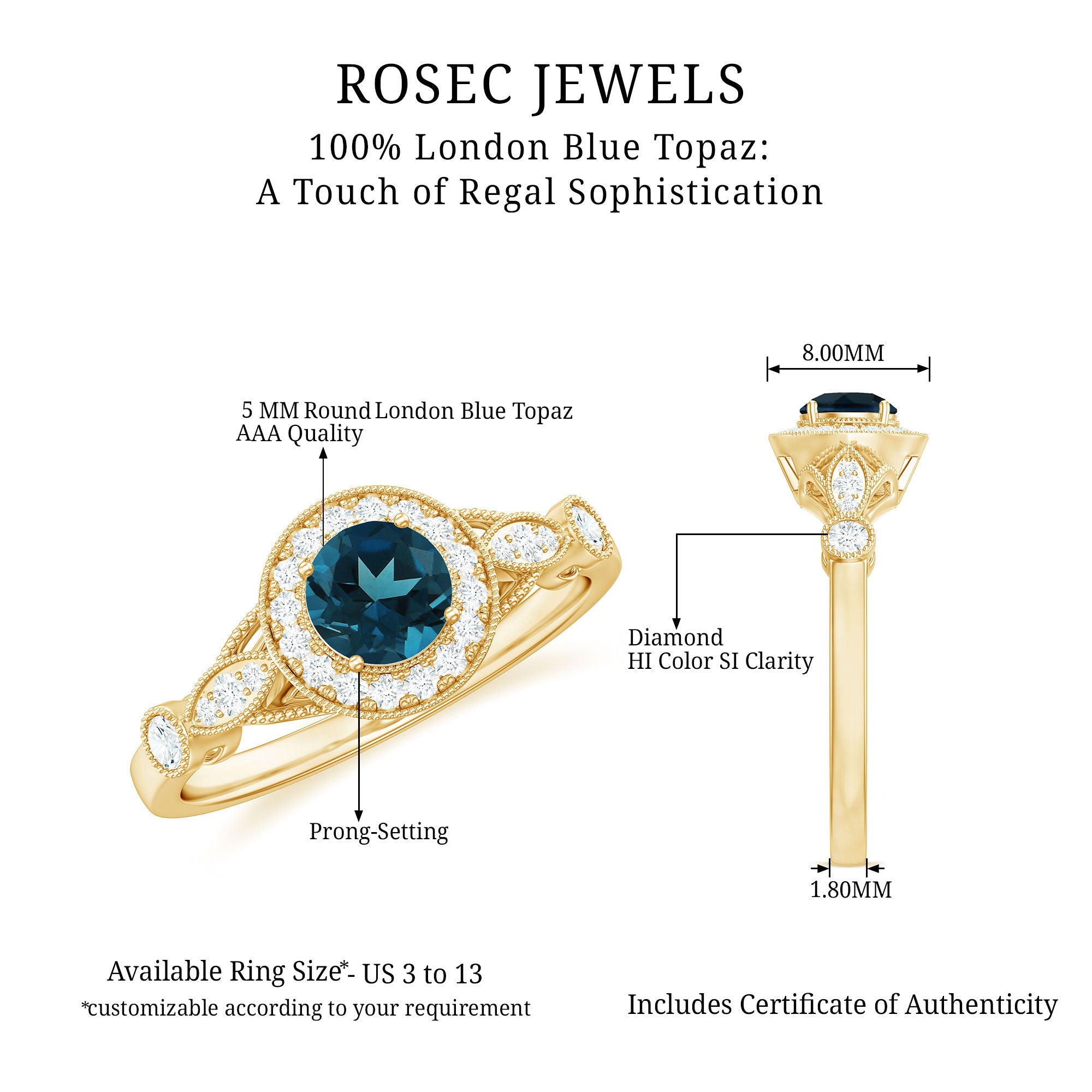 5mm London Blue Topaz Antique Engagement Ring with Diamond Halo