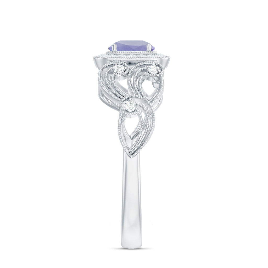 Tanzanite Vintage Looking Engagement Ring with Diamond Halo