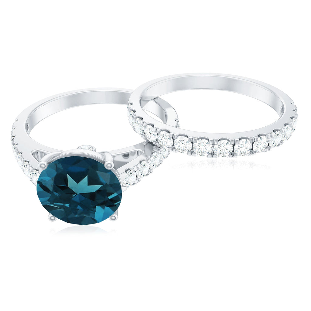 8mm Round London Blue Topaz Solitaire Rings Set with Moissanite Band