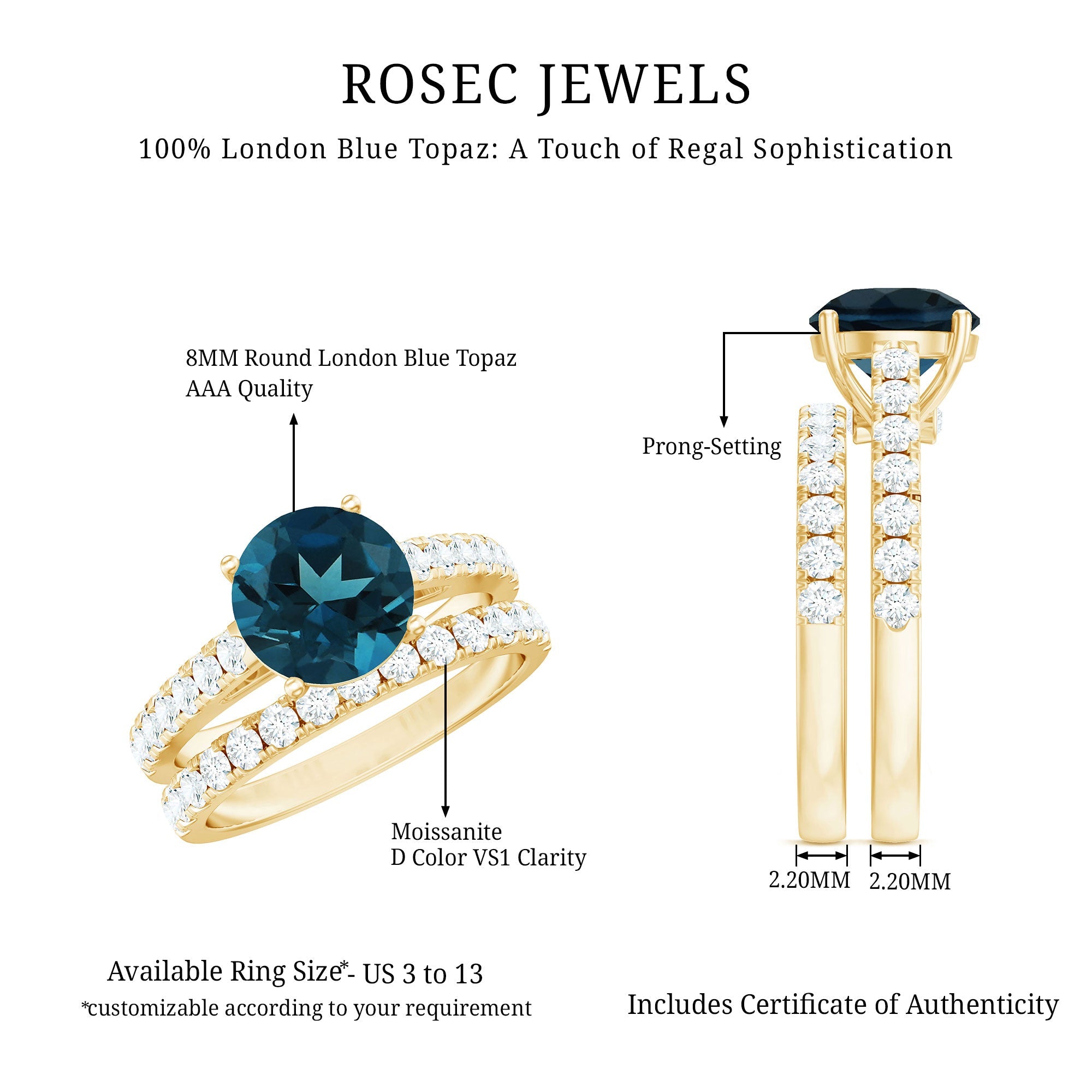 8mm Round London Blue Topaz Solitaire Rings Set with Moissanite Band