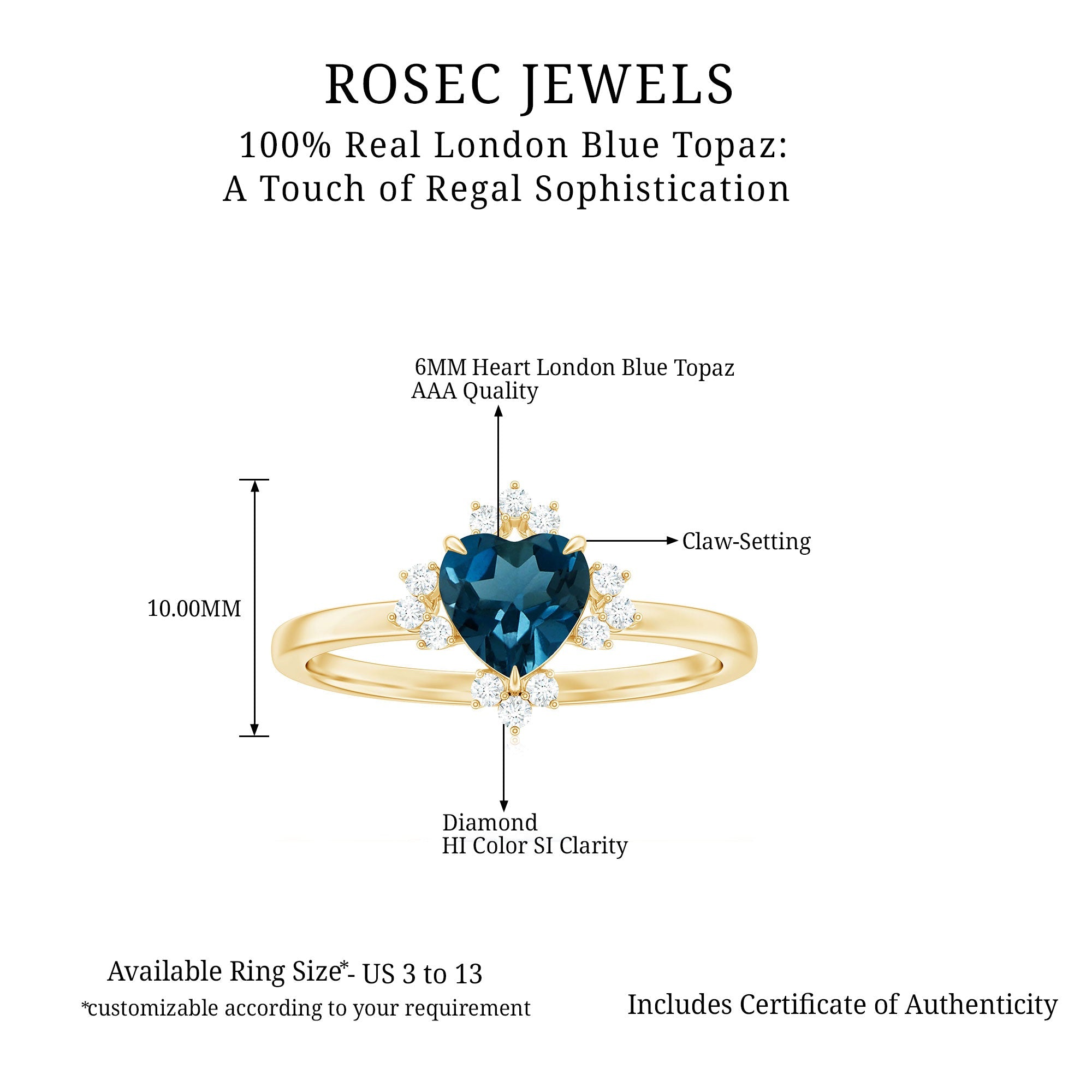 8mm Heart London Blue Topaz Engagement Ring with Diamond