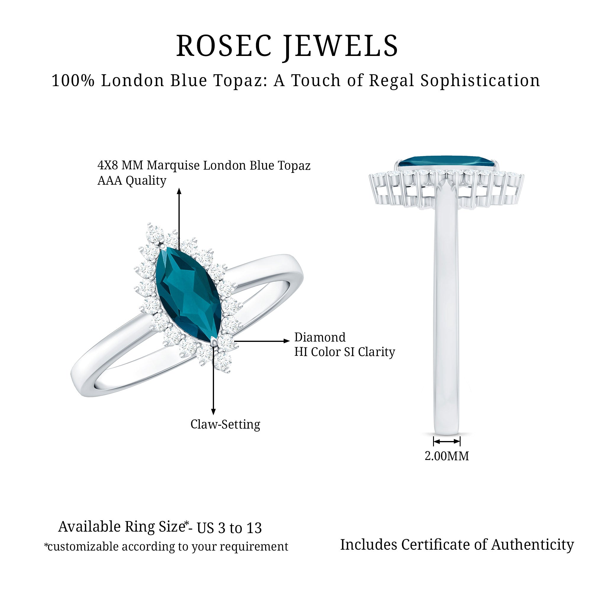 Elongated Marquise Blue Topaz Engagement Ring with Diamond Halo