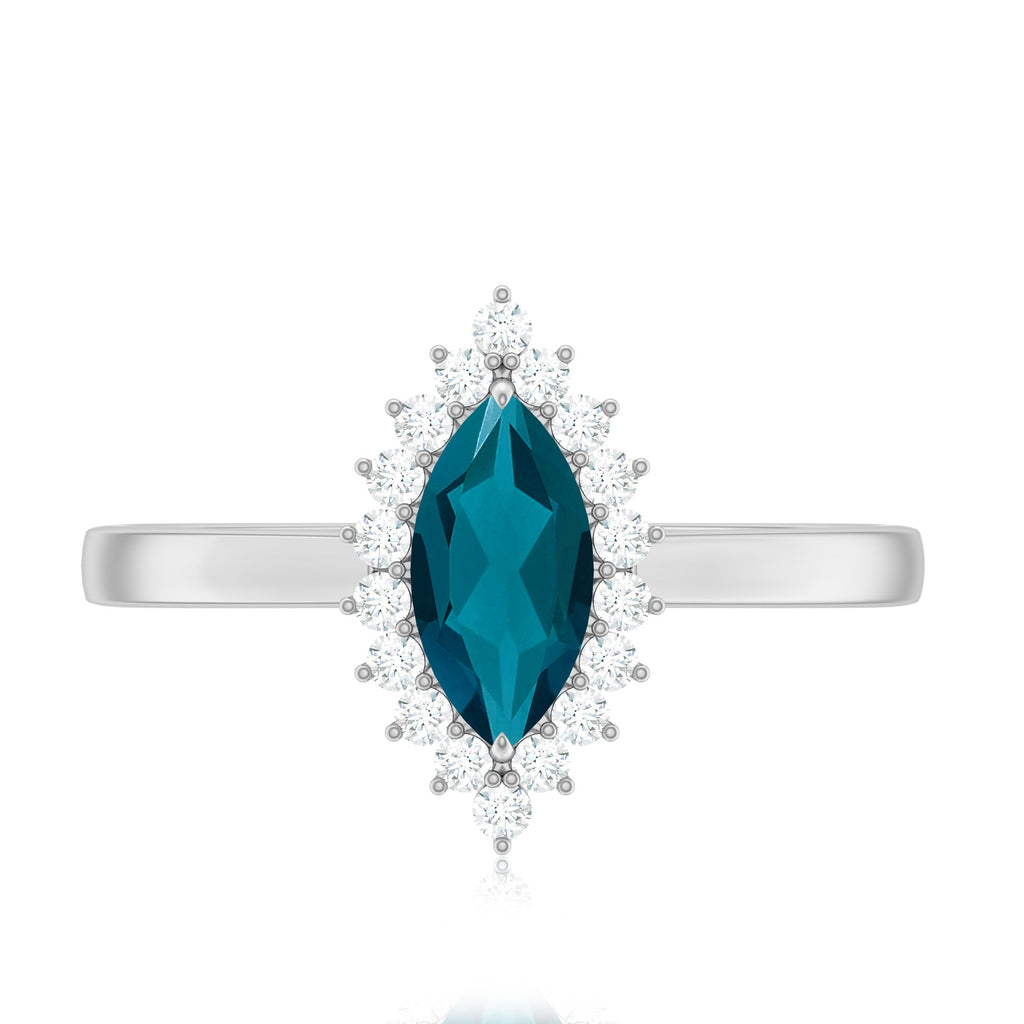 Elongated Marquise Blue Topaz Engagement Ring with Diamond Halo
