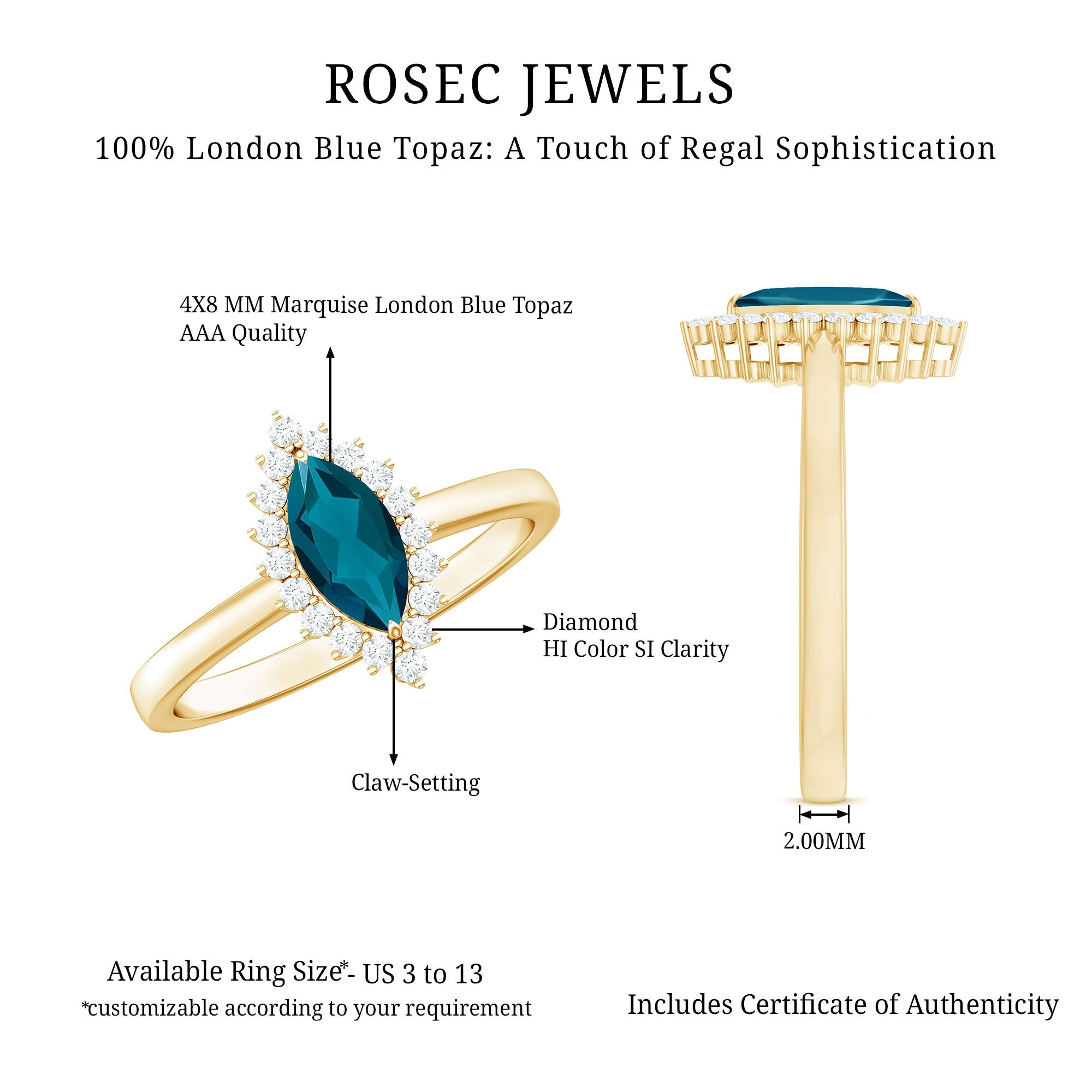 Elongated Marquise Blue Topaz Engagement Ring with Diamond Halo