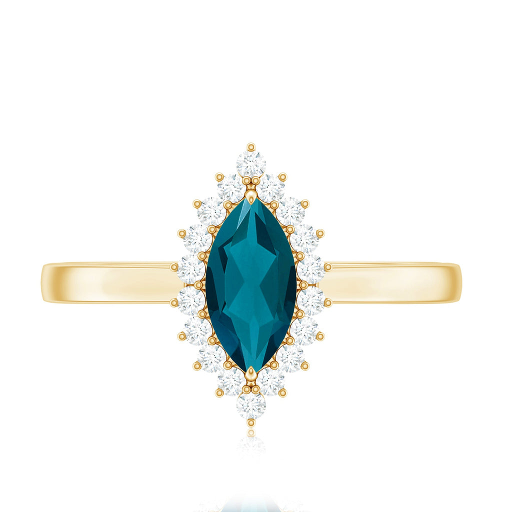 Elongated Marquise Blue Topaz Engagement Ring with Diamond Halo