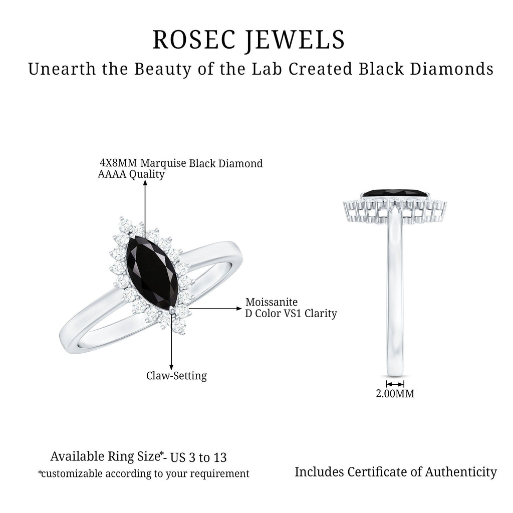 Marquise Cut Lab Grown Black Diamond Ring with Moissanite Halo