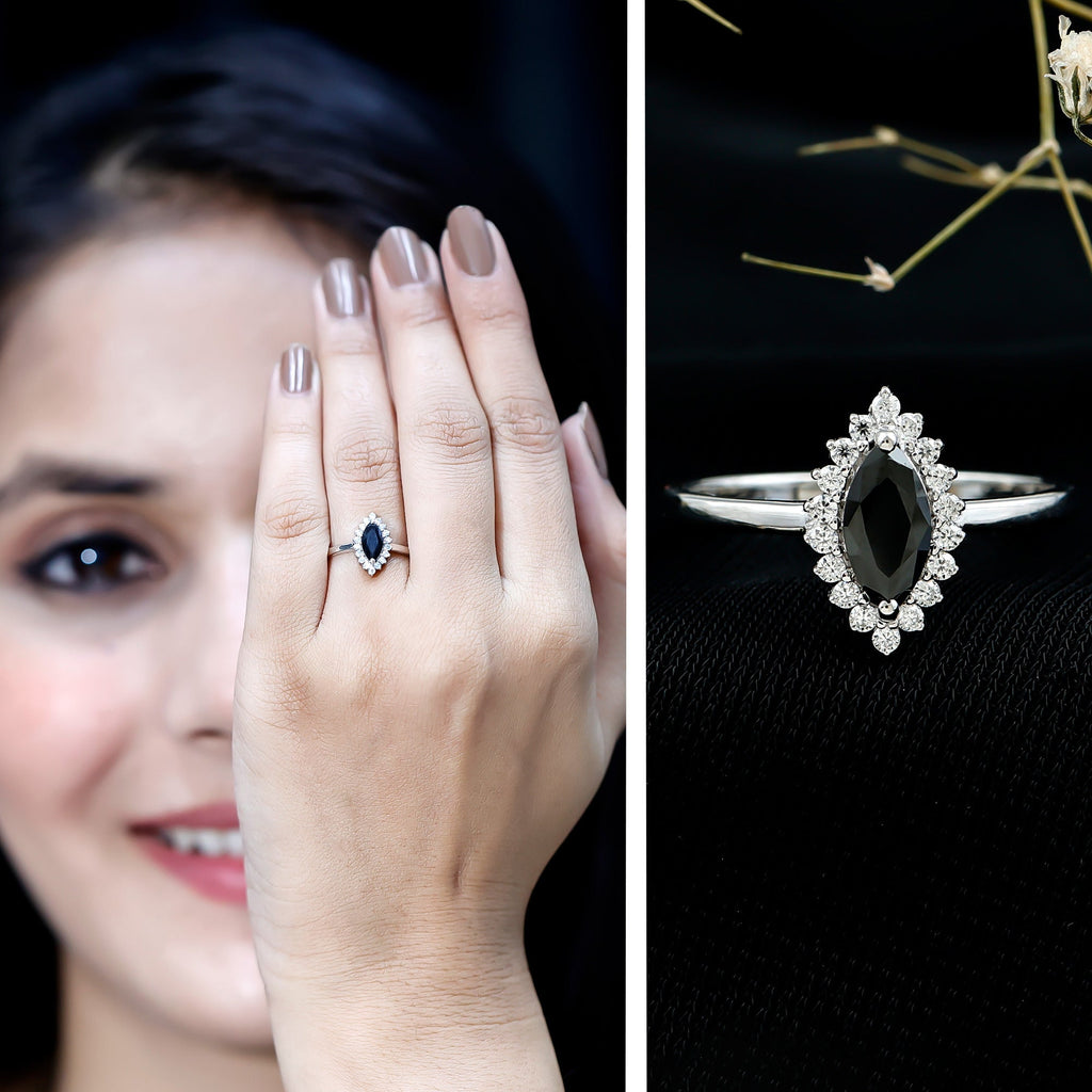 Marquise Cut Lab Grown Black Diamond Ring with Moissanite Halo