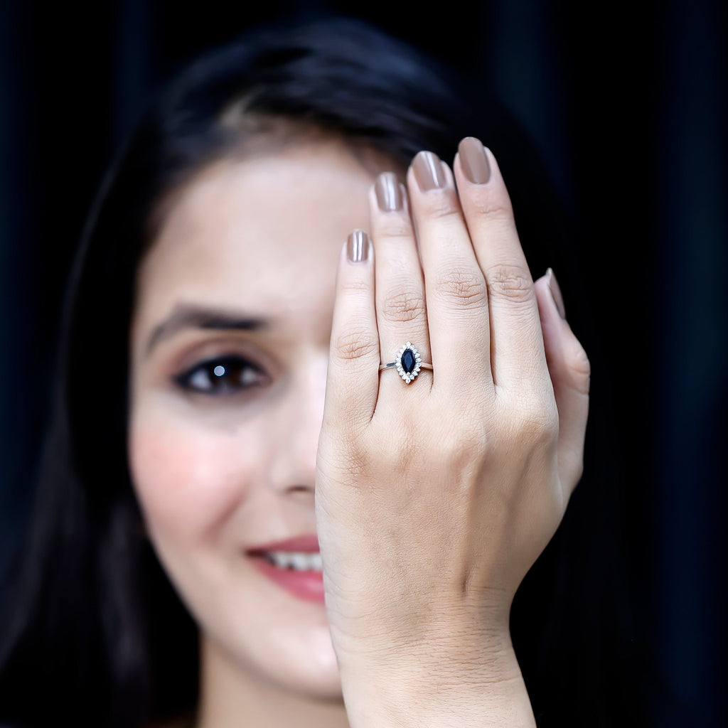Marquise Cut Lab Grown Black Diamond Ring with Moissanite Halo