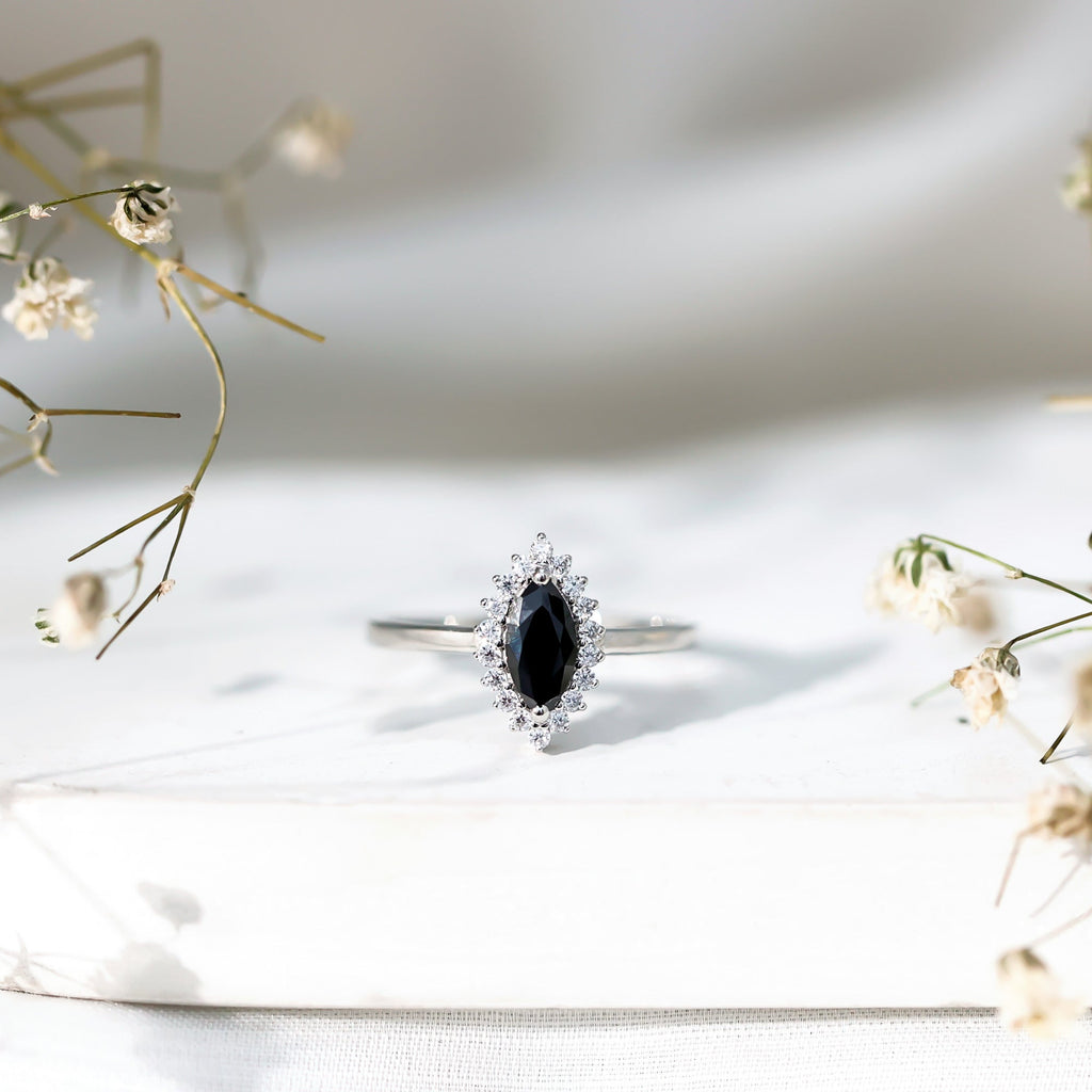 Marquise Cut Lab Grown Black Diamond Ring with Moissanite Halo