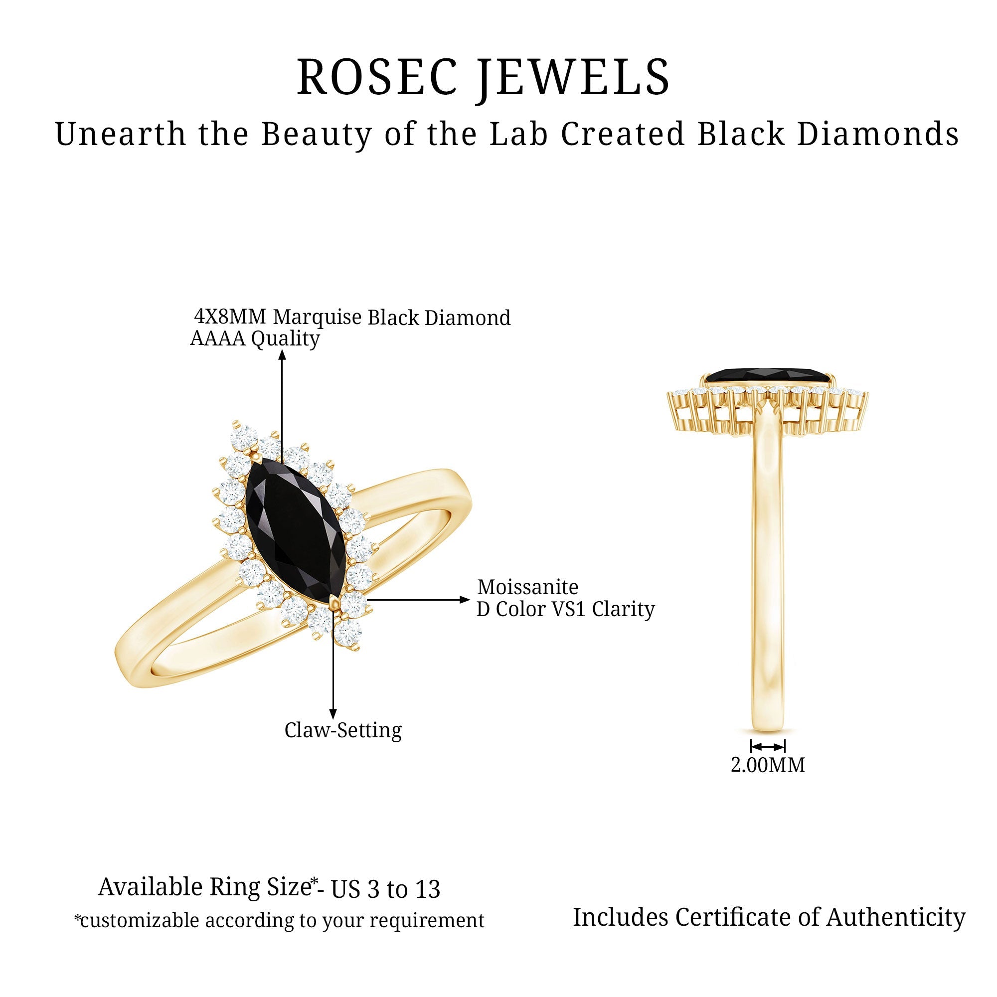 Marquise Cut Lab Grown Black Diamond Ring with Moissanite Halo