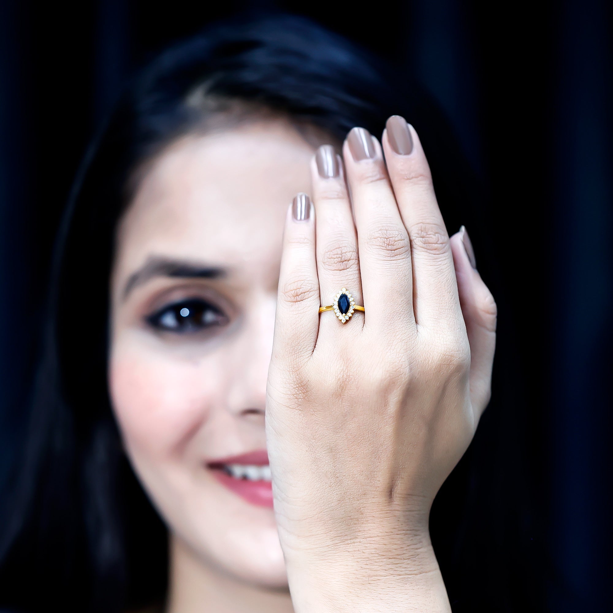 Marquise Cut Lab Grown Black Diamond Ring with Moissanite Halo