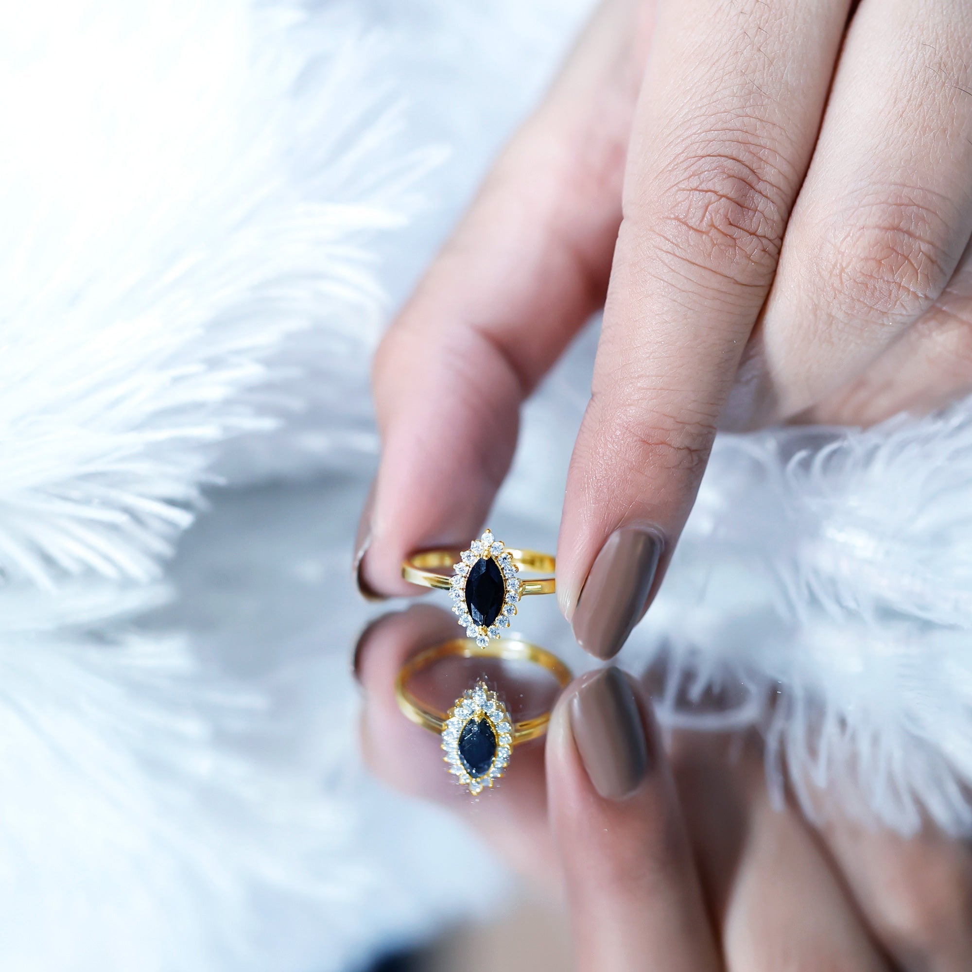 Marquise Cut Lab Grown Black Diamond Ring with Moissanite Halo