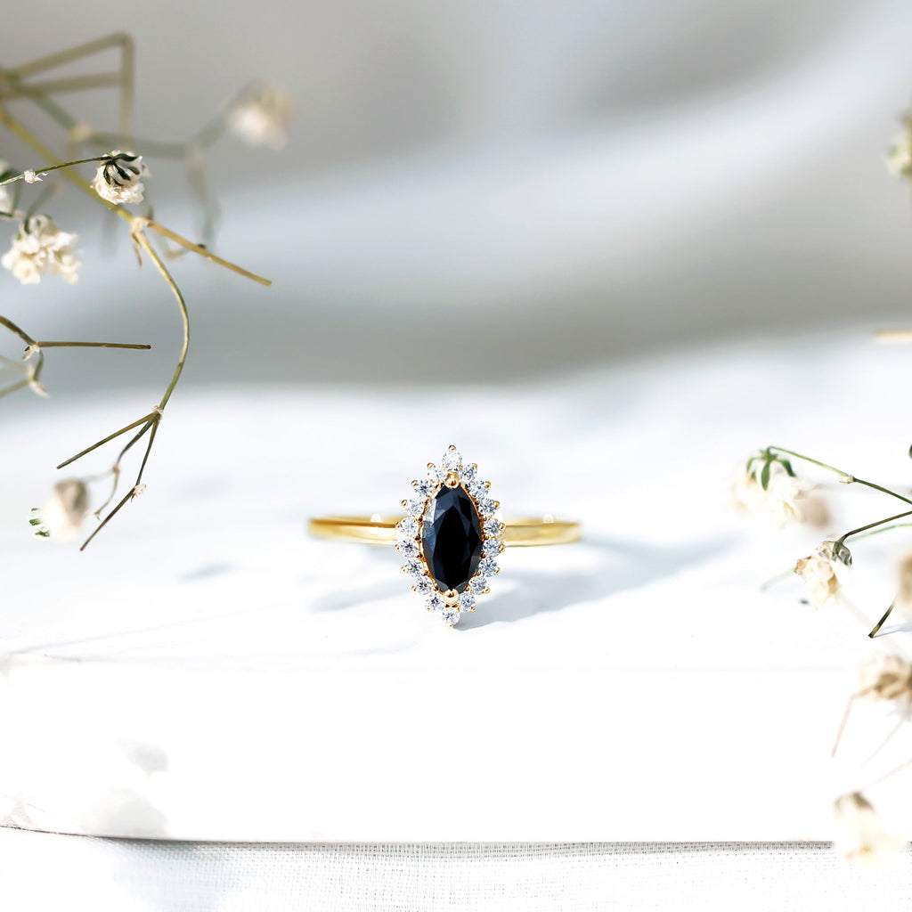 Marquise Cut Lab Grown Black Diamond Ring with Moissanite Halo
