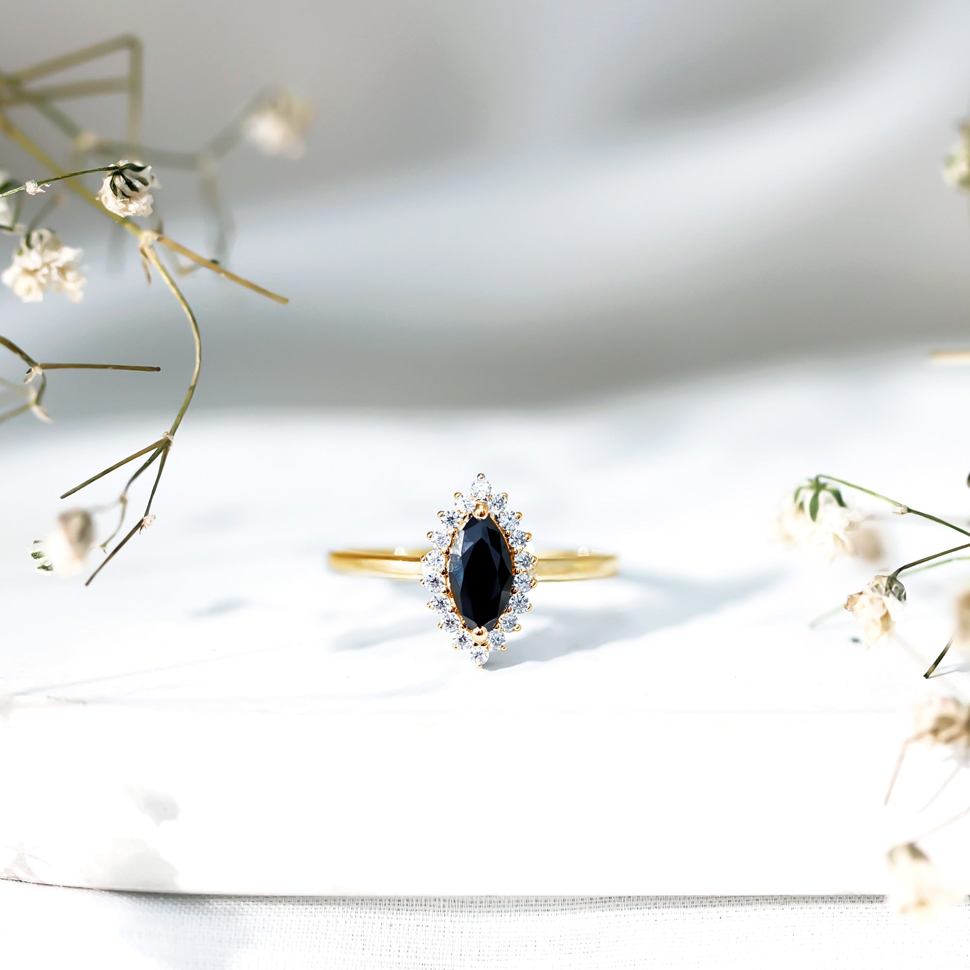 Marquise Cut Lab Grown Black Diamond Ring with Moissanite Halo