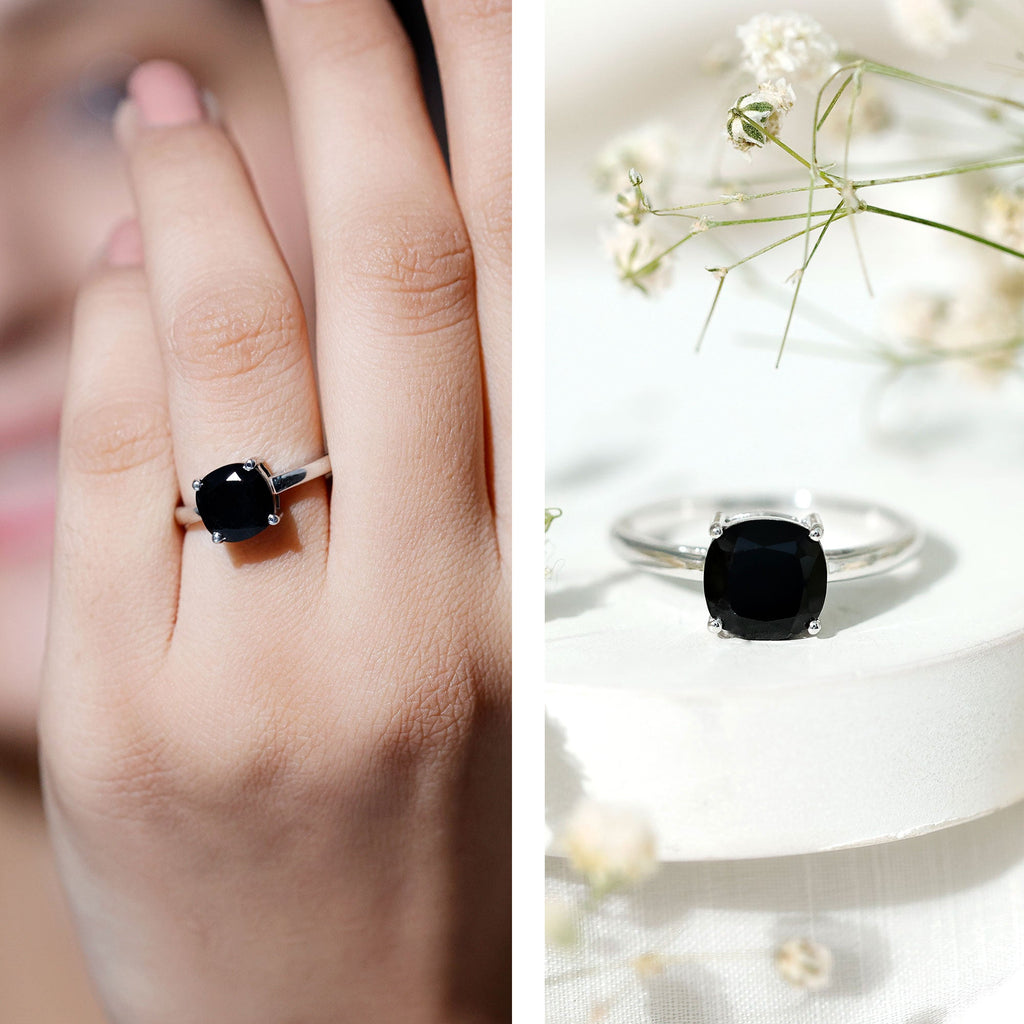 Cushion Cut Lab Grown Black Diamond Solitaire Simple Engagement Ring