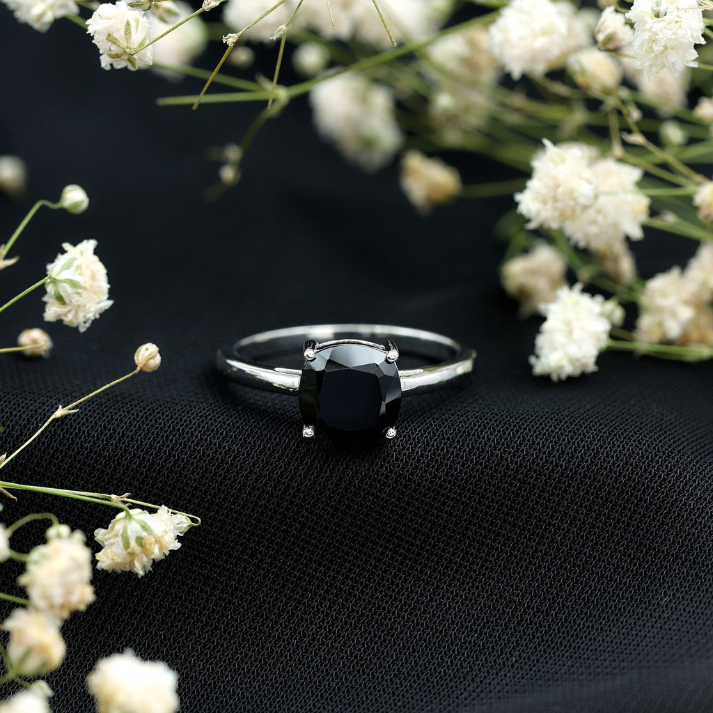 Cushion Cut Lab Grown Black Diamond Solitaire Simple Engagement Ring